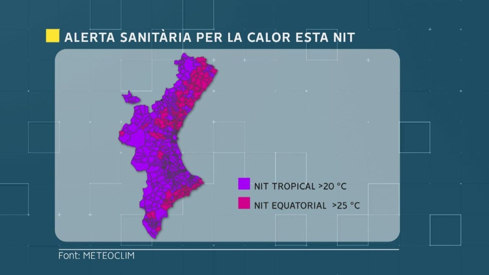 En morat, els municipis on les mínimes no baixaran de 20 ºC, i en rosa, els municipis on no baixaran de 25 ºC