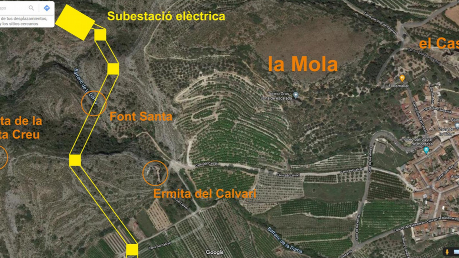Vista aèria de les instal·lacions projectades per a la megaplanta solar de la Costera