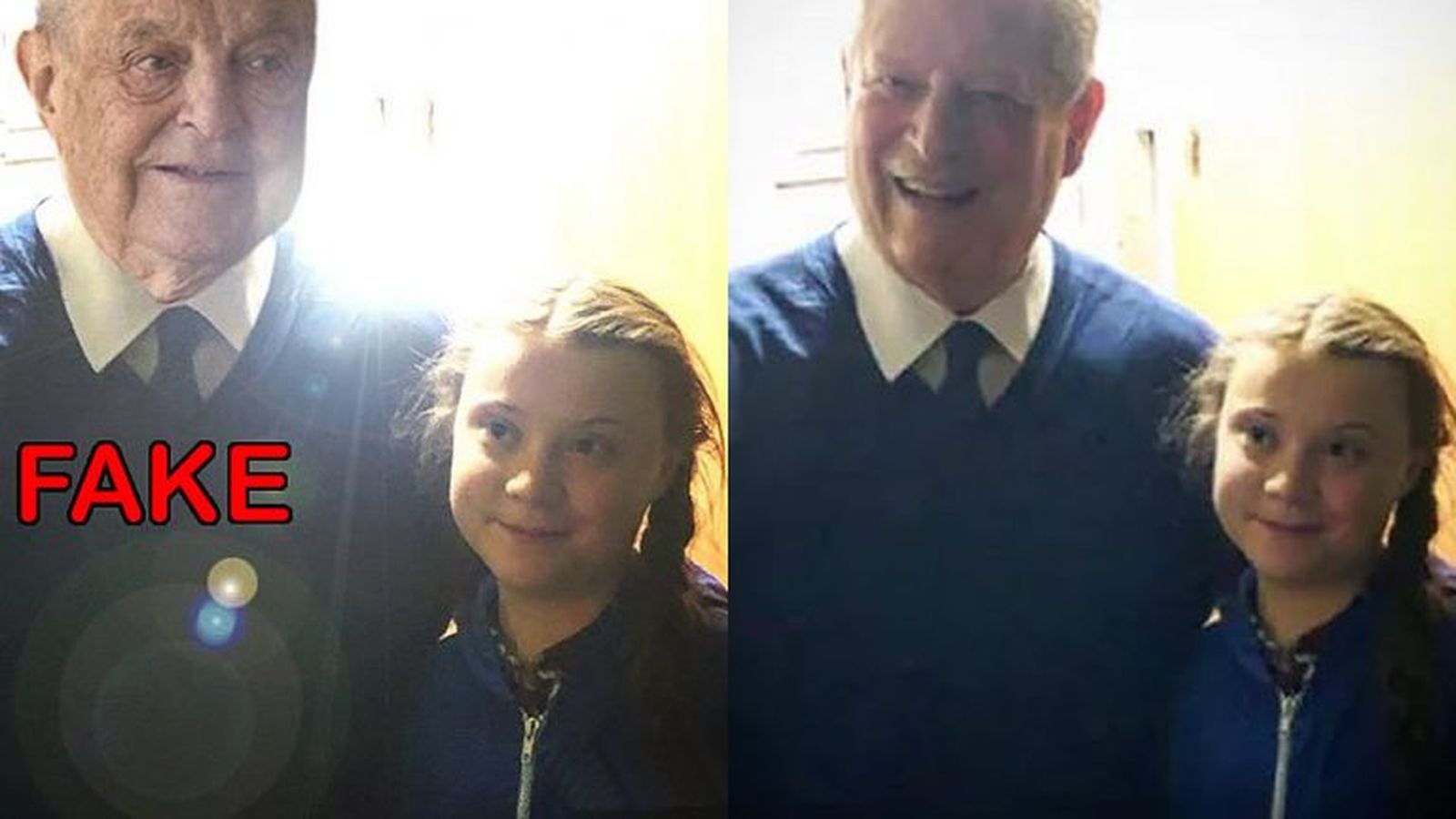 La imatge falsa de Greta Thunberg amb George Soros i la real amb Al Gore