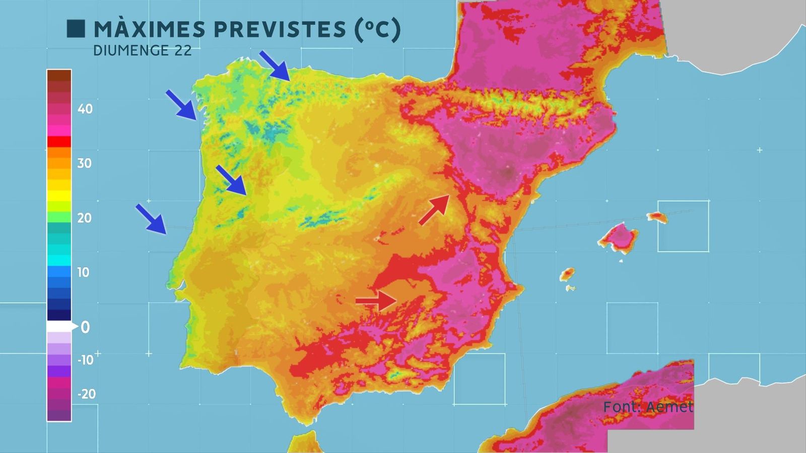 Temperatures màximes previstes per a aquest diumenge a la península ibèrica