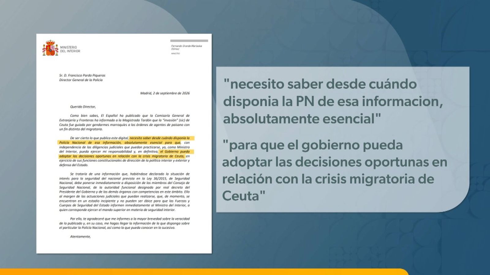 Fragment de la carta enviada esta matinada per Marlaska al cap de la Policia Nacional