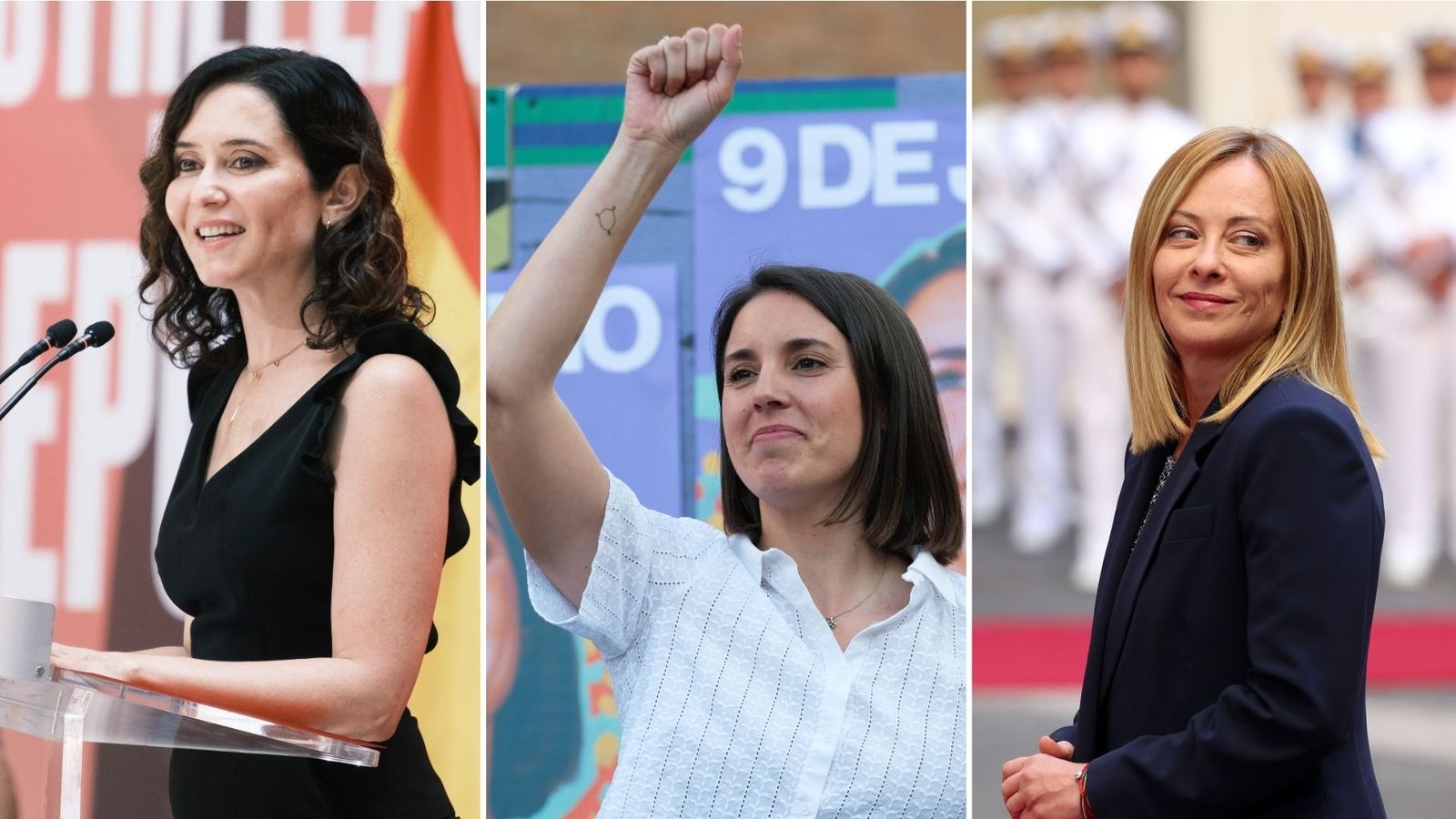 D'esquerra a dreta, les polítiques Isabel Díaz Ayuso, Irene Montero i Giorgia Meloni
