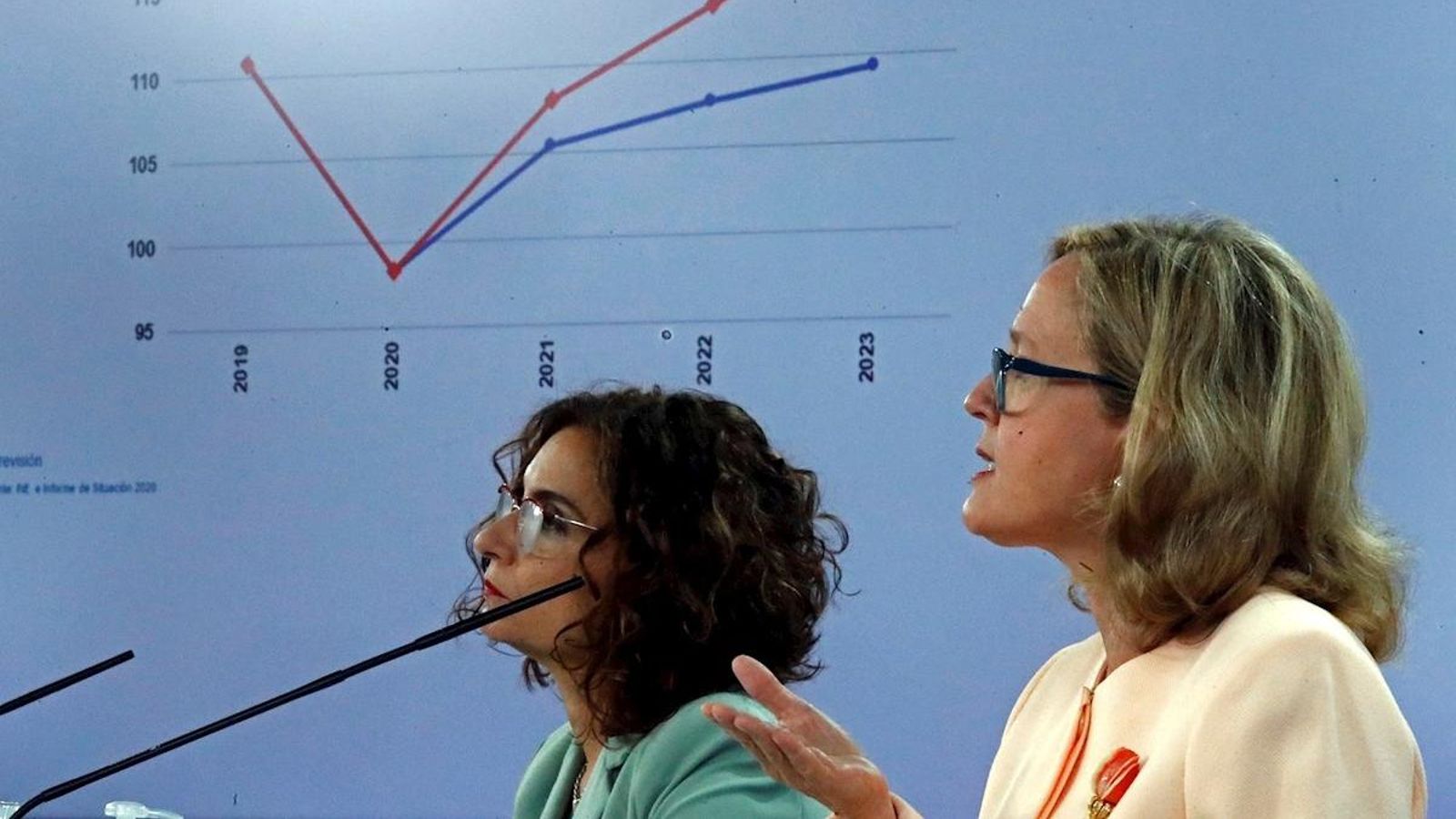 La portaveu del govern espanyol i ministra d'Hisenda, María Jesús Montero, al costat de la vicepresidenta tercera de l'Executiu i ministra d'Assumptes Econòmics i Transformació Digital, Nadia Calviño aquest dimarts en La Moncloa