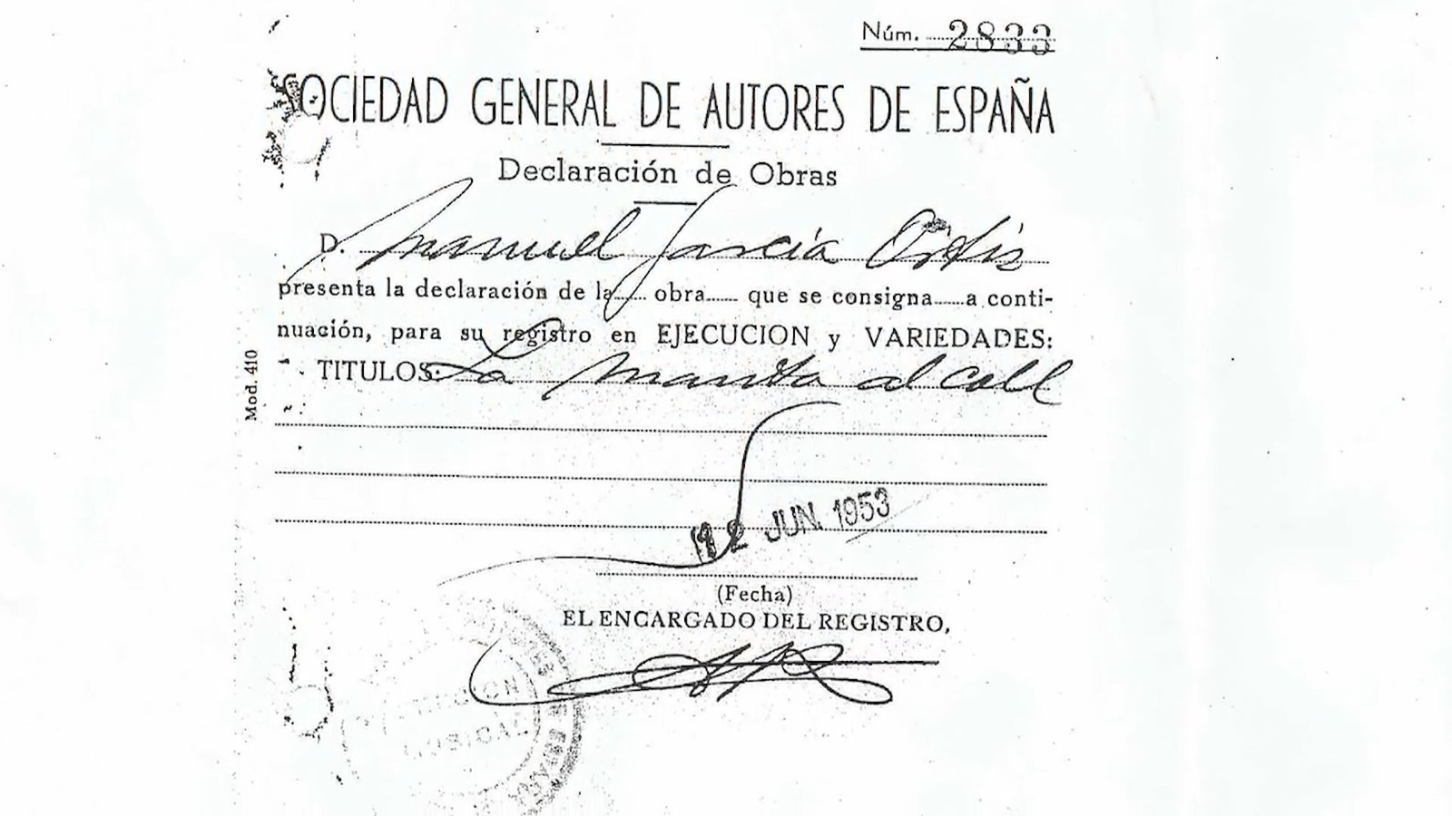 Documents que acrediten el registre de 'La manta al coll' a la SGAE