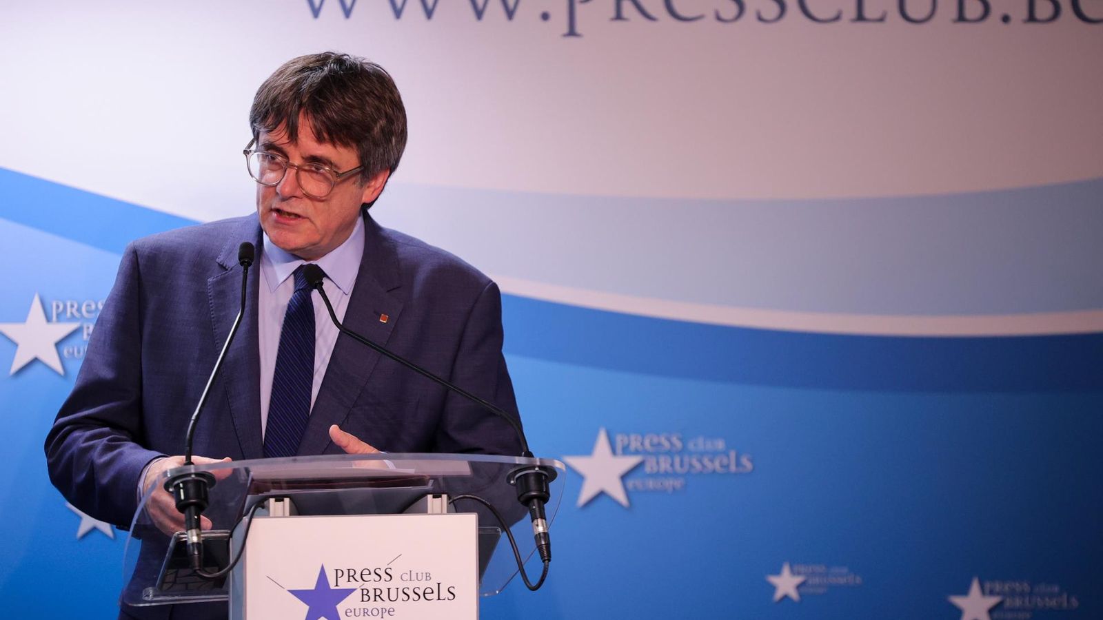 Carles Puigdemont, durant la roda de premsa a Brussel·les, aquest dijous