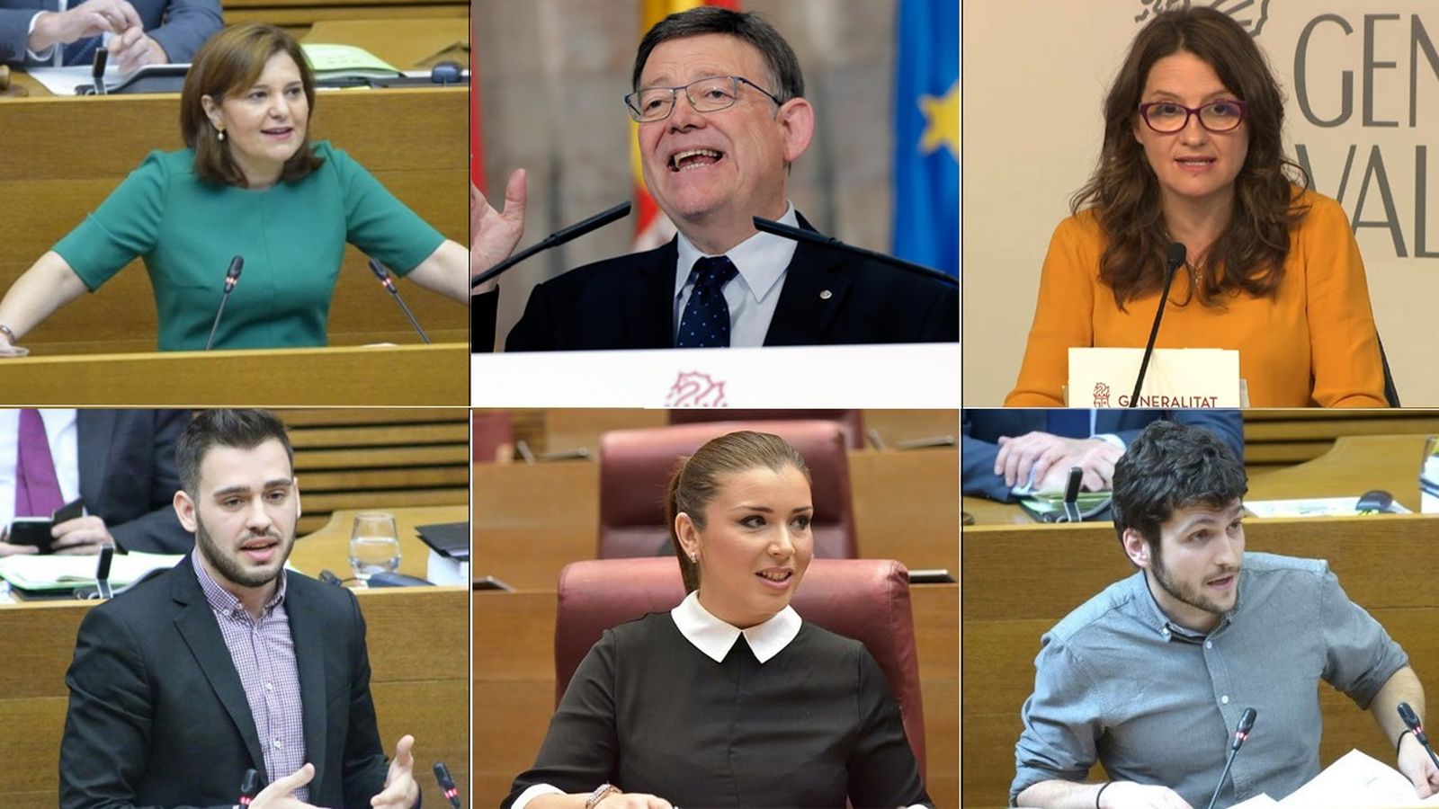 D'esquerra a dreta, i de dalt a baix: Isabel Bonig, Ximo Puig, Mónica Oltra, Fran Ferri, Mari Carmen Sánchez i Antonio Estañ