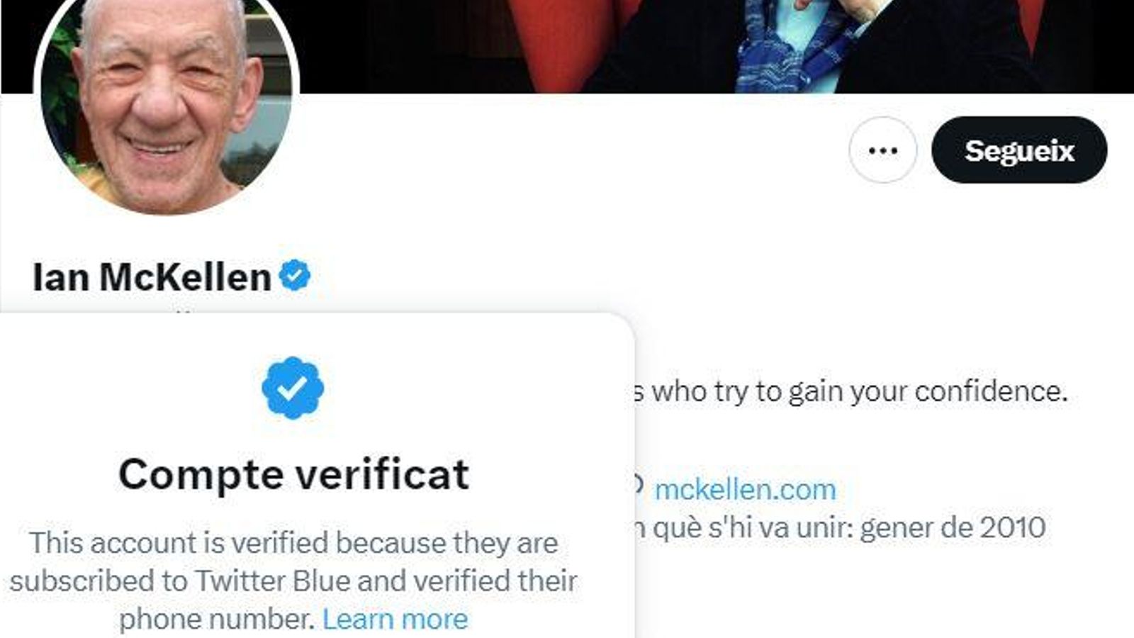 El compte de l'actor Ian McKellen amb el distintiu de verificació