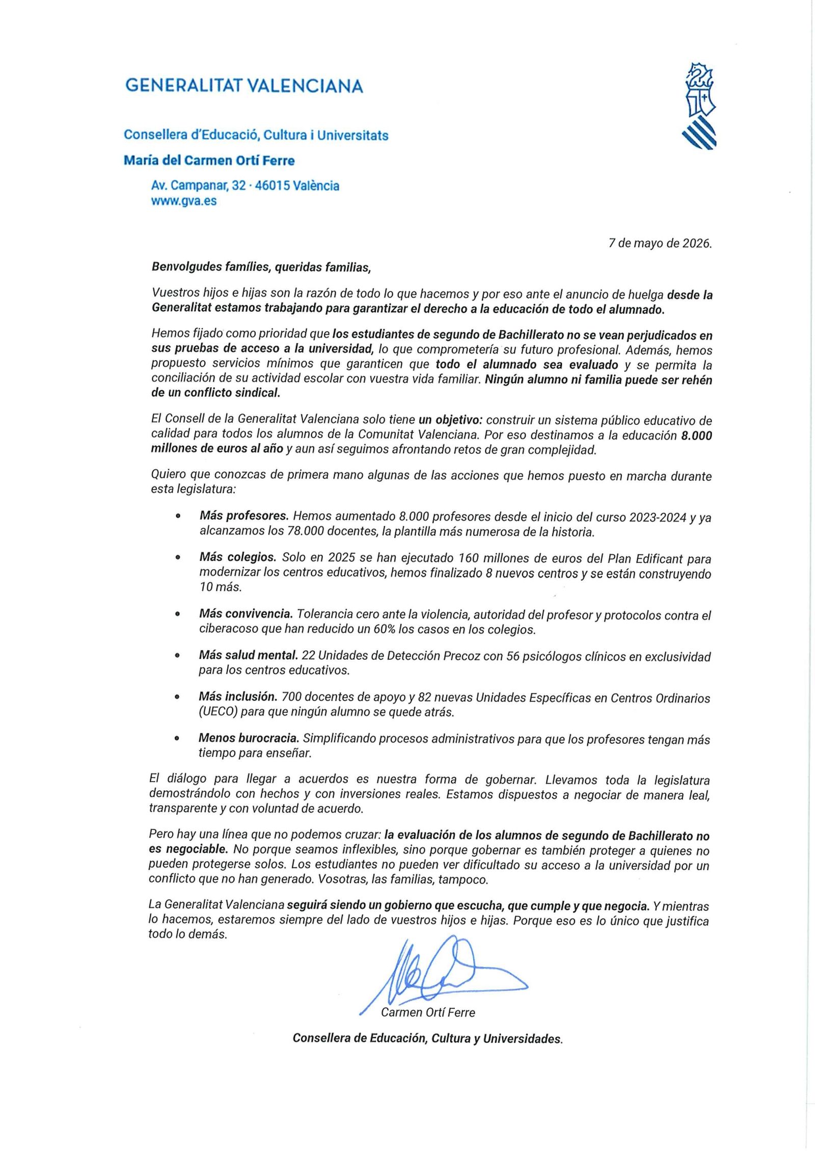 Carta que ha enviat la Conselleria d'Educació als pares i mares