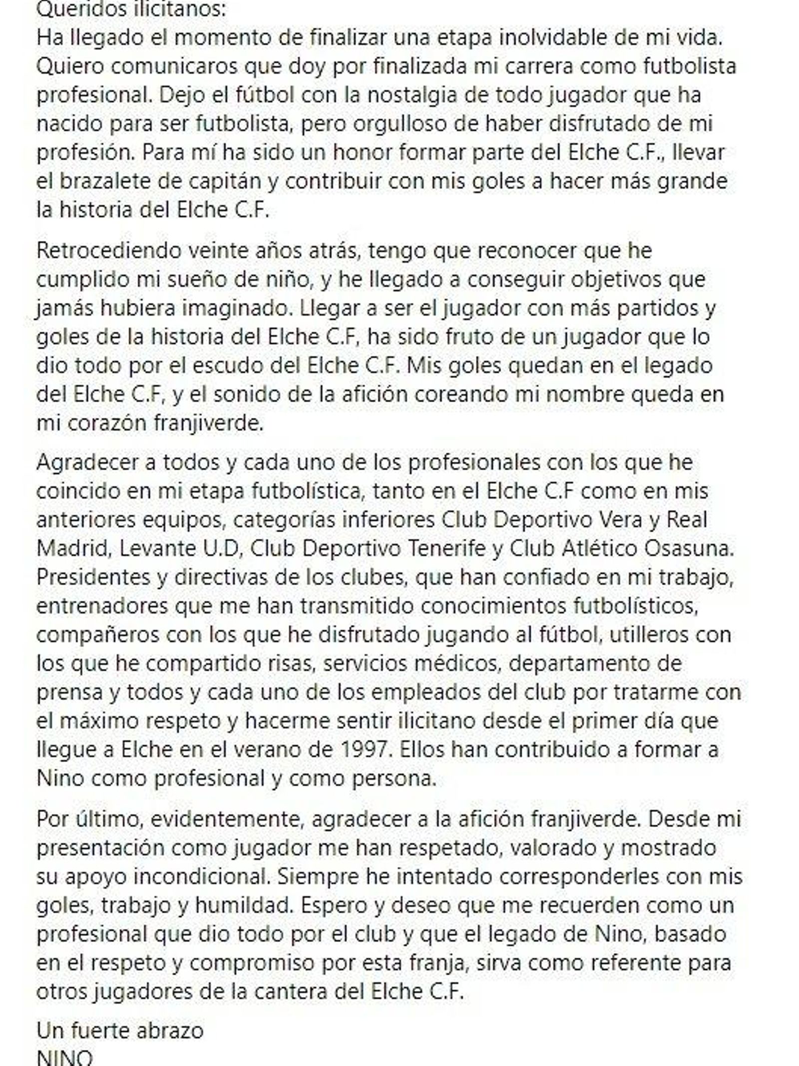 Missatge de Nino al seu compte de Facebook