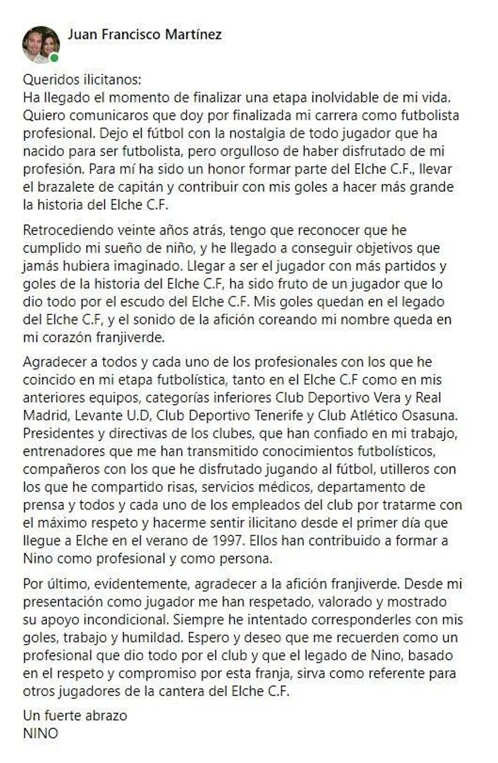 Missatge de Nino al seu compte de Facebook