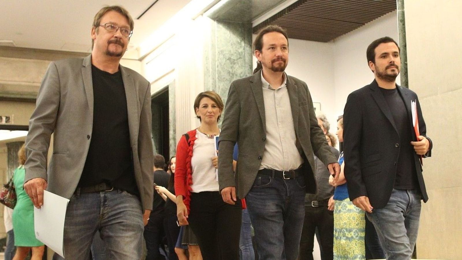 D'esquerra a dreta, Xavier Domènech (Equo), Pablo Iglesias (Podem) i Alberto Garzón (Esquerra Unida)