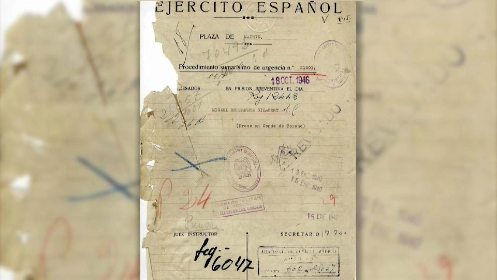 Document acreditatiu del procediment sumaríssim contra Miguel Hernández