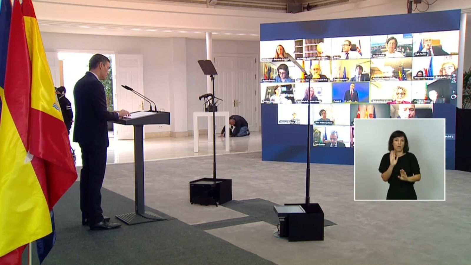 Pedro Sánchez en la roda de premsa telemàtica.