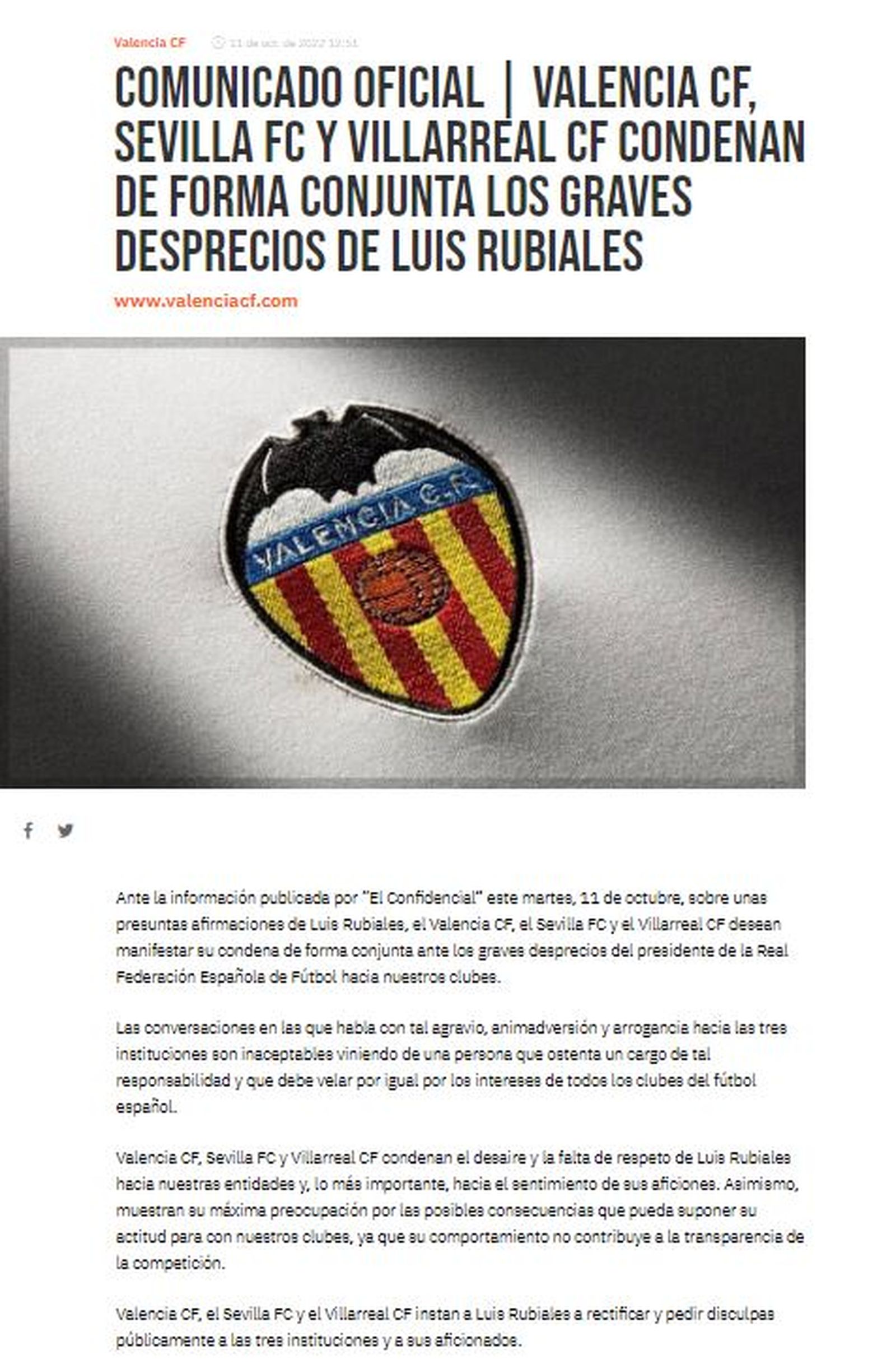 Imatge del comunicat del València