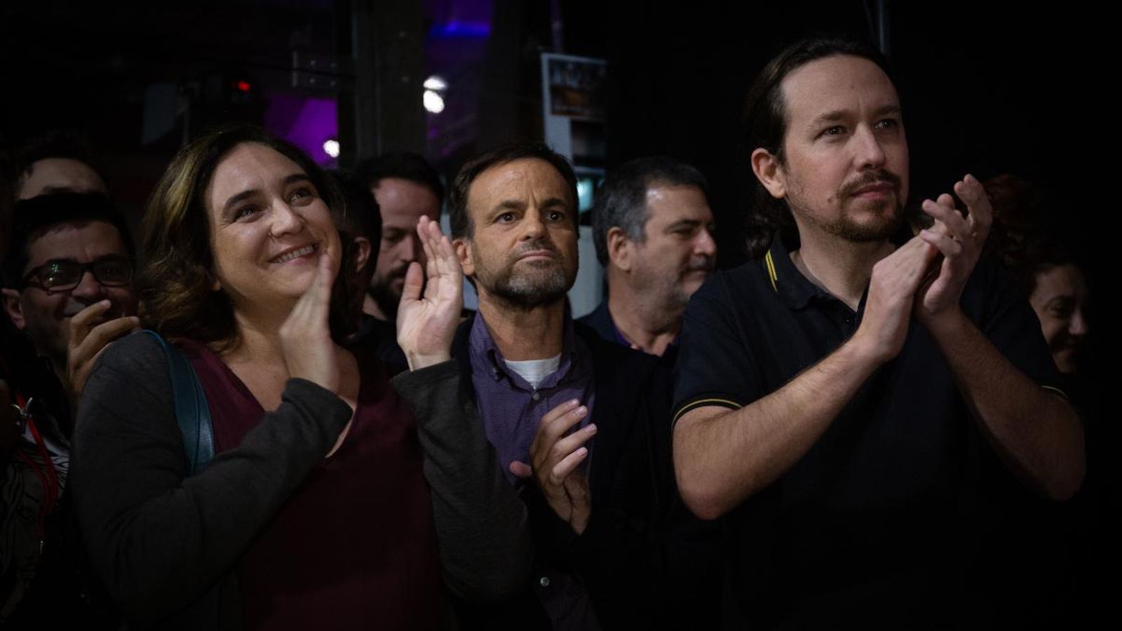 Ada Colau, Jaume Asens i Pablo Iglesias en un acte de campanya