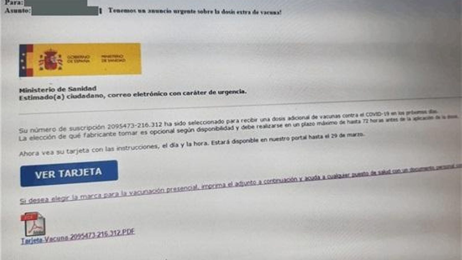 Captura de pantalla amb el correu fraudulent que tracta de suplantar a Sanitat