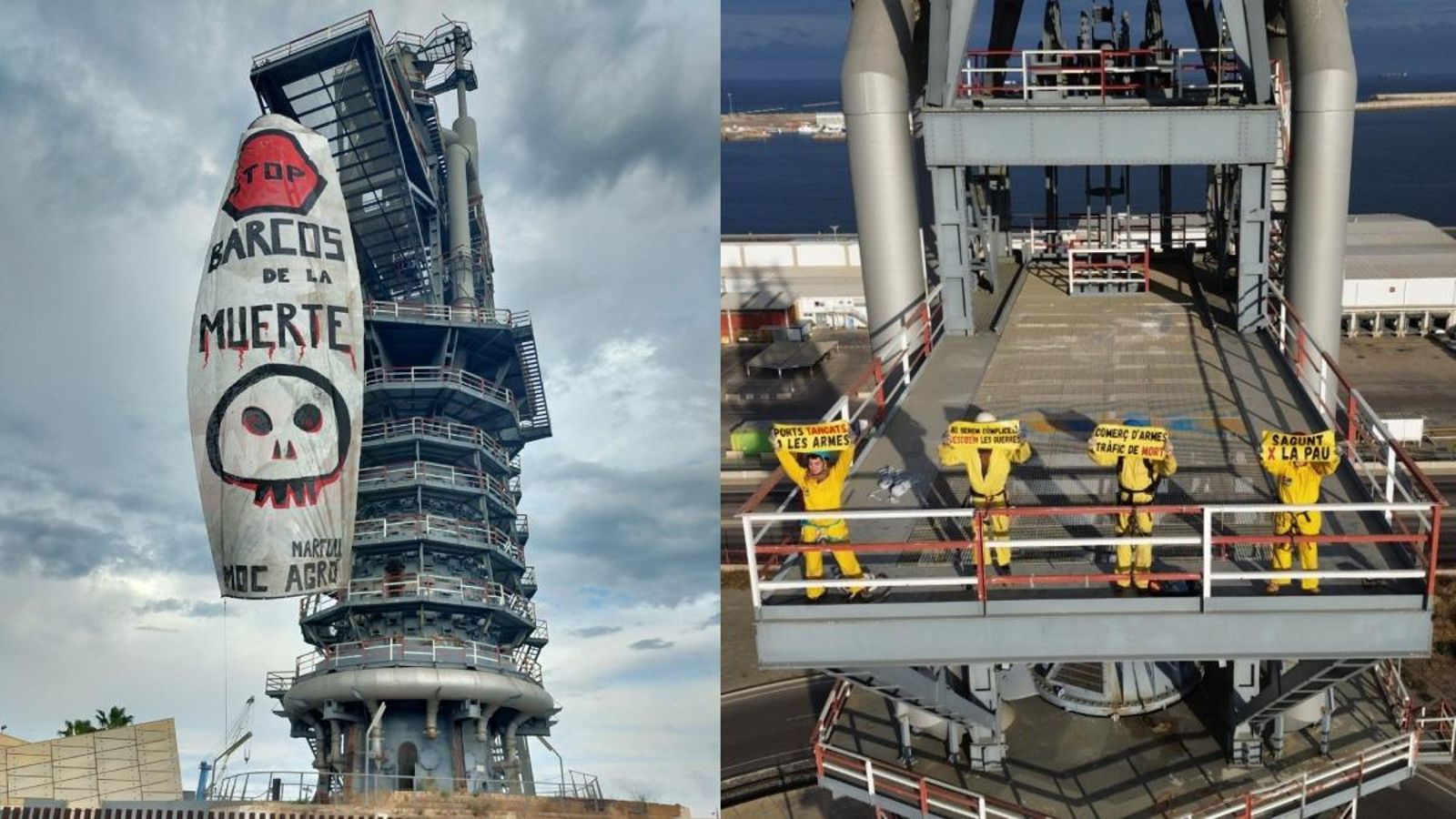 En imatge, la pancarta que penja des del monument industrial i els activistes que hi ha en la part alta de la torre