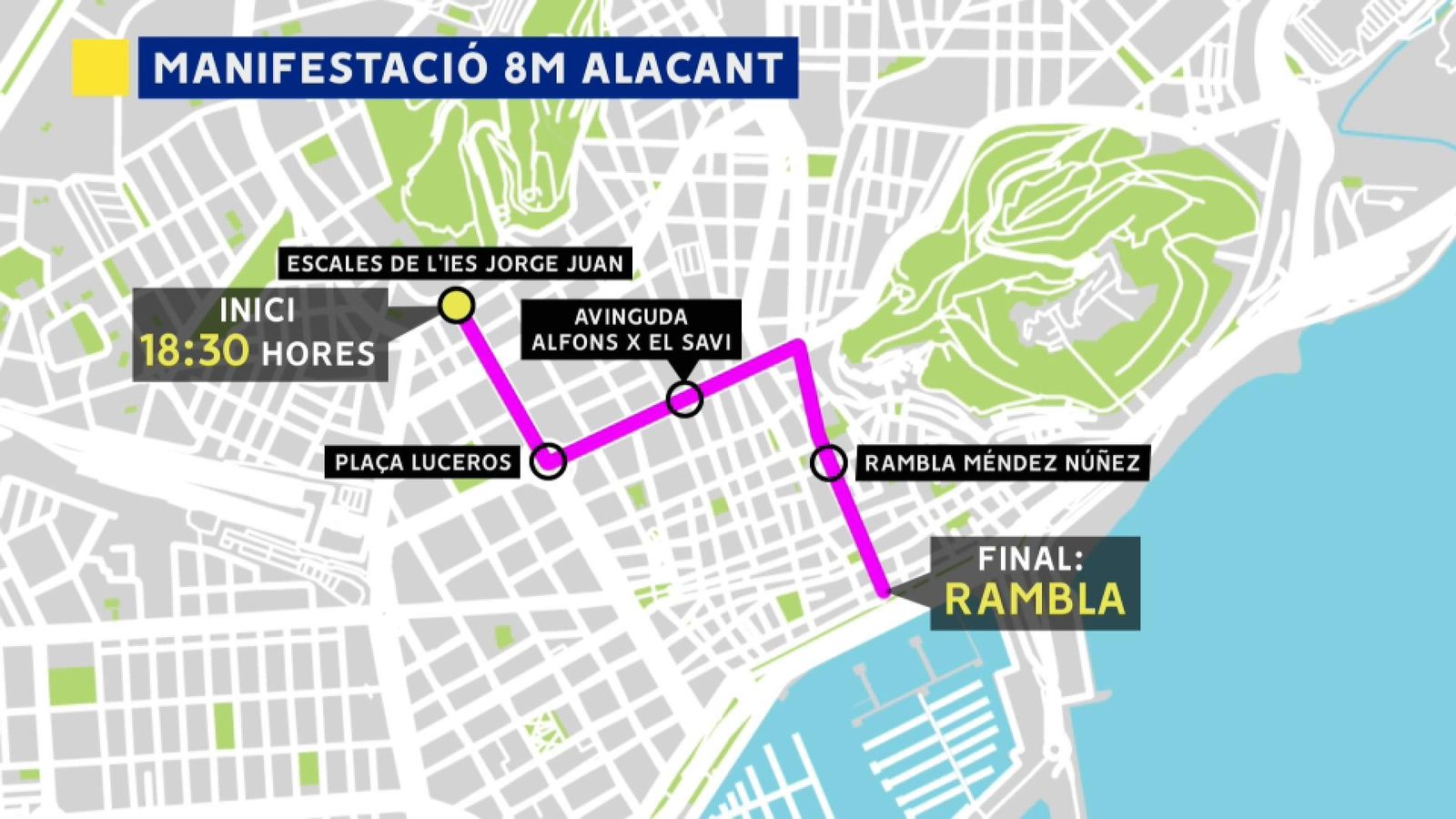 Recorregut de la manifestació que recorrerà el centre d'Alacant amb motiu del 8-M Recorregut de la manifestació que recorrerà el centre d'Alacant amb motiu del 8-M