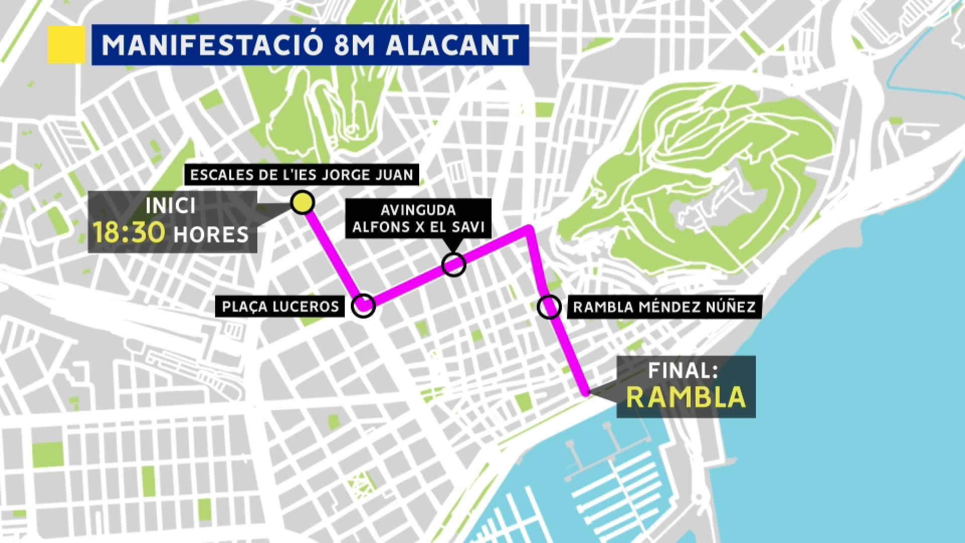 Recorregut de la manifestació que recorrerà el centre d'Alacant amb motiu del 8-M Recorregut de la manifestació que recorrerà el centre d'Alacant amb motiu del 8-M