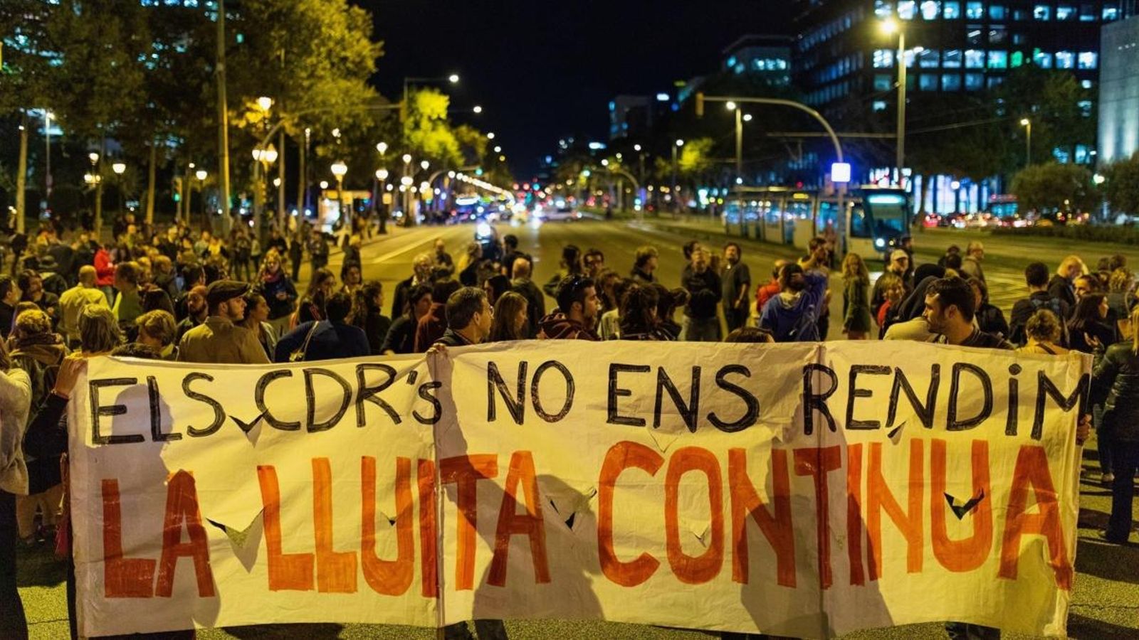 Els manifestants, amb una pancarta