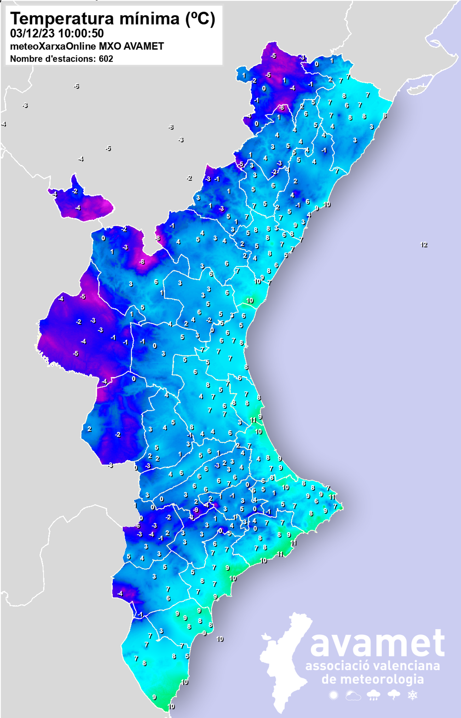 Temperatures mínimes dissabte 2 de desembre