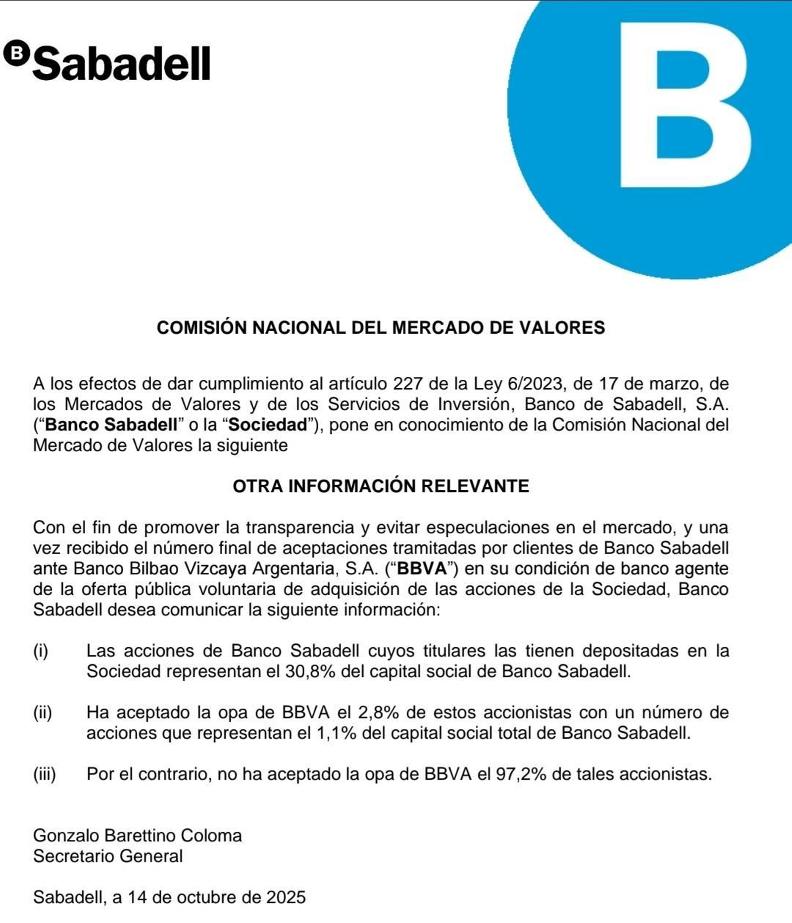Comunicat del Banc Sabadell