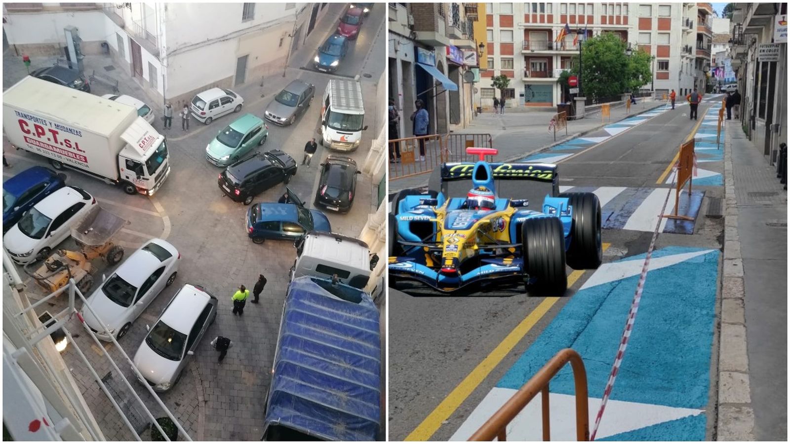 A l'esquerra, un dels embussos denunciats, que l'ajuntament atribueix a vehicles mal aparcats; a la dreta, una de les bromes en les xarxes sobre remodelació urbanística, visible per la zona blanc-i-blava