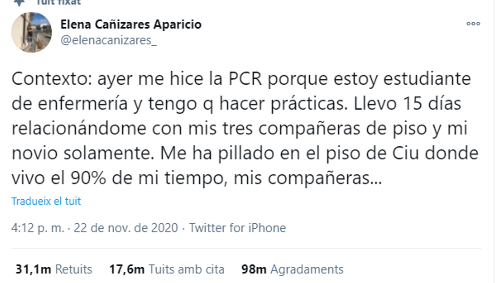 Recomanacions en casos com el d’Elena Cañizares, la infermera amb Covid que s’ha fet viral