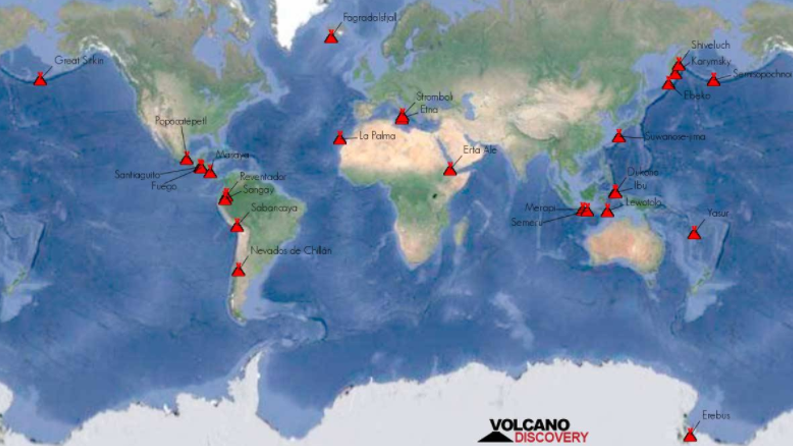 Volcans actualment actius (en erupció) en el món, segons la web volcanodiscovery.com