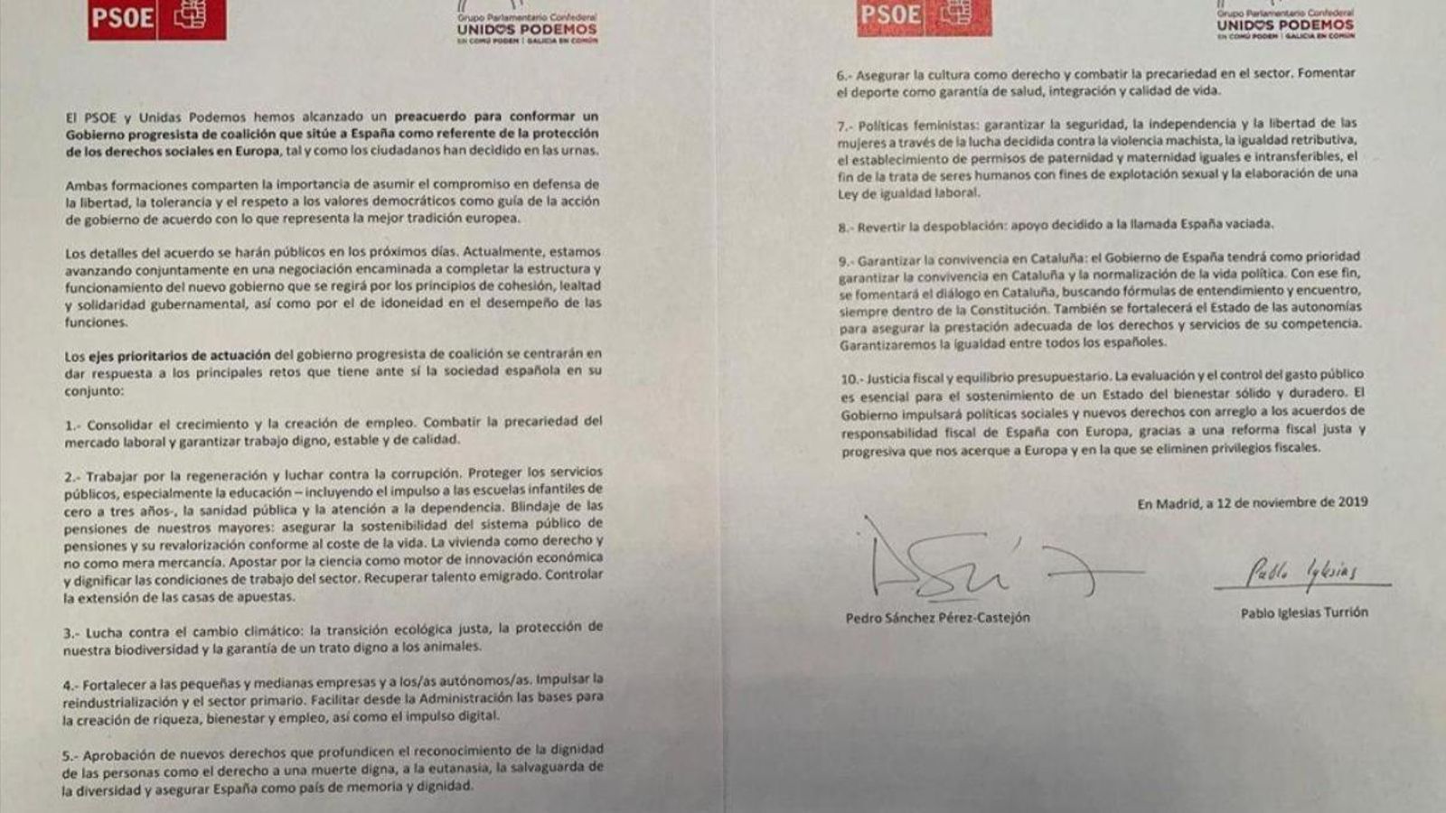 El text signat entre Unides Podem i PSOE.