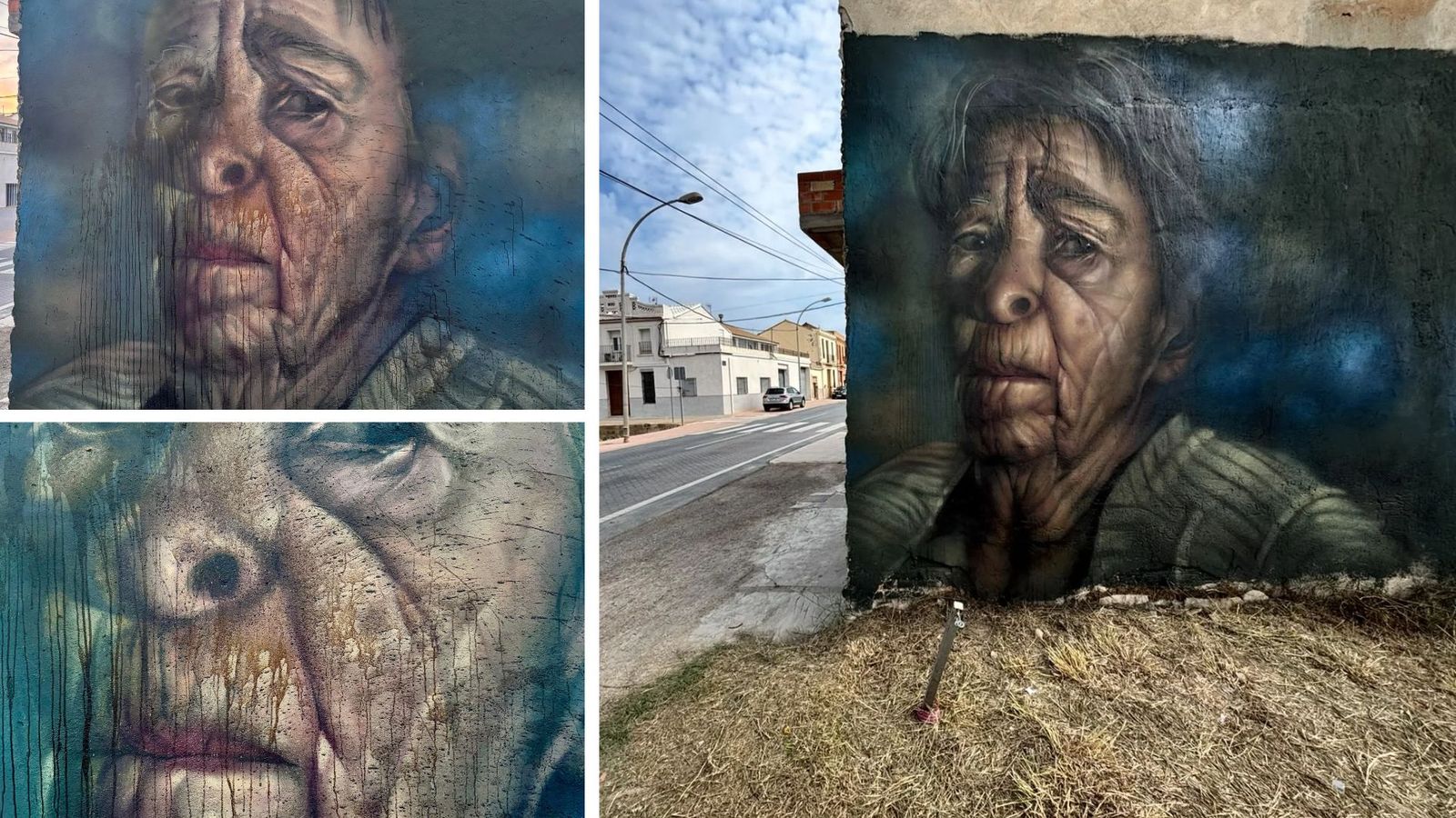 El mural de l'artista grafiter Josep Roca vandalitzat, a l'esquerra, i l'original, a la dreta