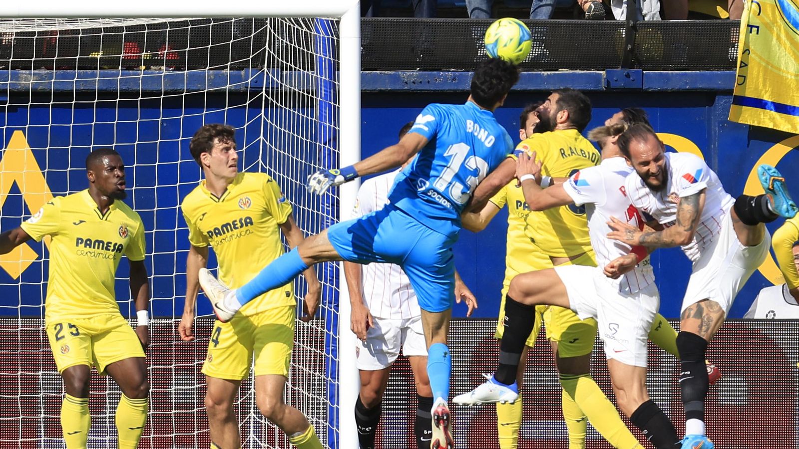 El porter del Sevilla Bono ha pujat a rematar l'última jugada del partit, que ha acabat amb el gol de Koundé El porter del Sevilla Bono ha pujat a rematar l'última jugada del partit, que ha acabat amb el gol de Koundé