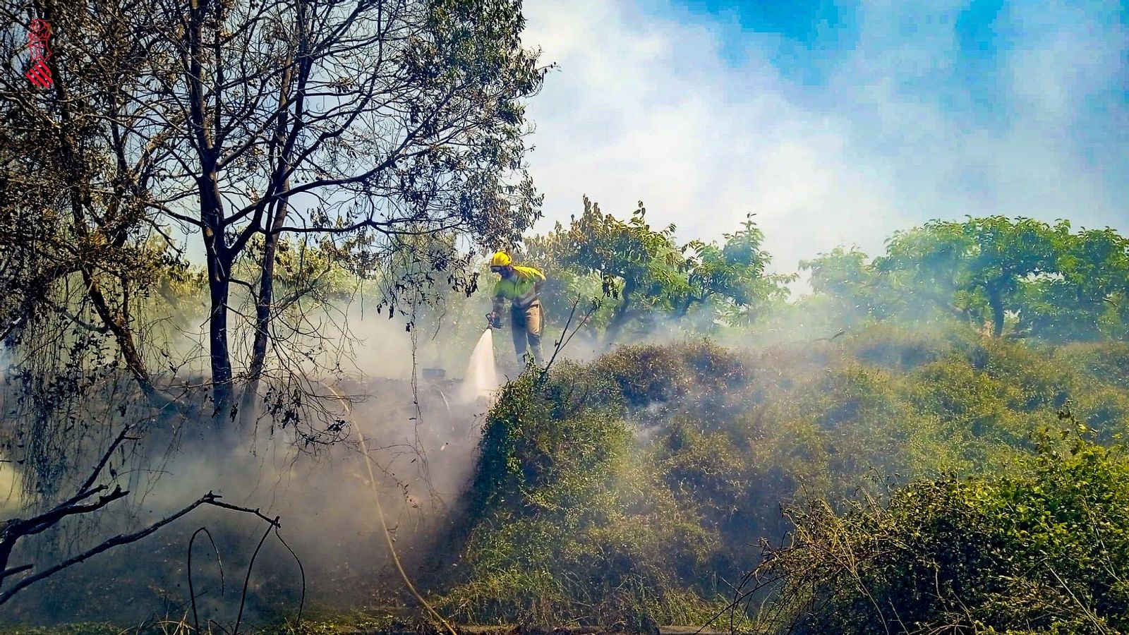 Un bomber treballa en l'extinció de l'incendi, aquest dilluns