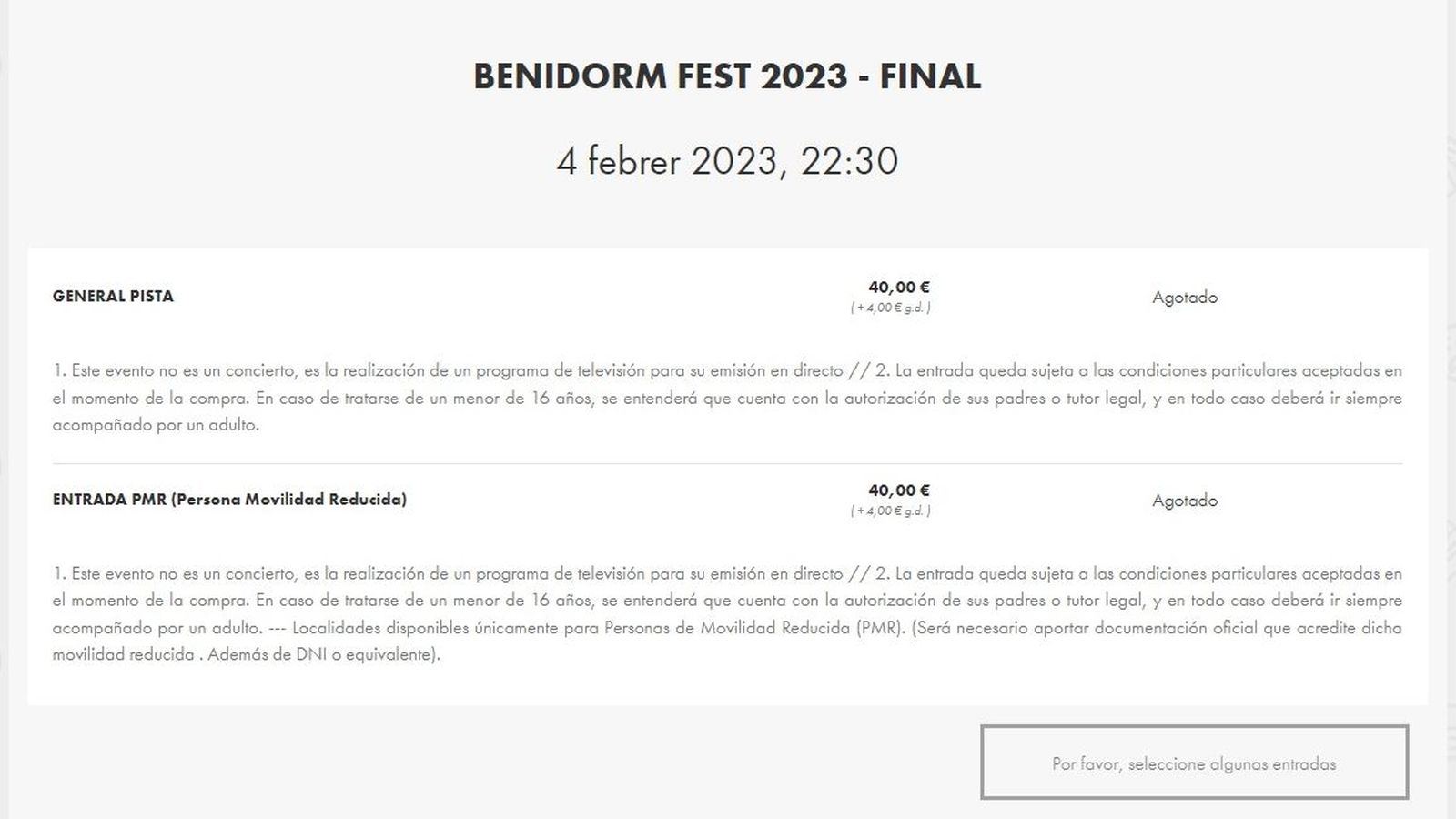 Informació amb què es trobaven els usuaris que, pocs minuts després del migdia, intentaven adquirir una entrada per a la gala final del Benidorm Fest