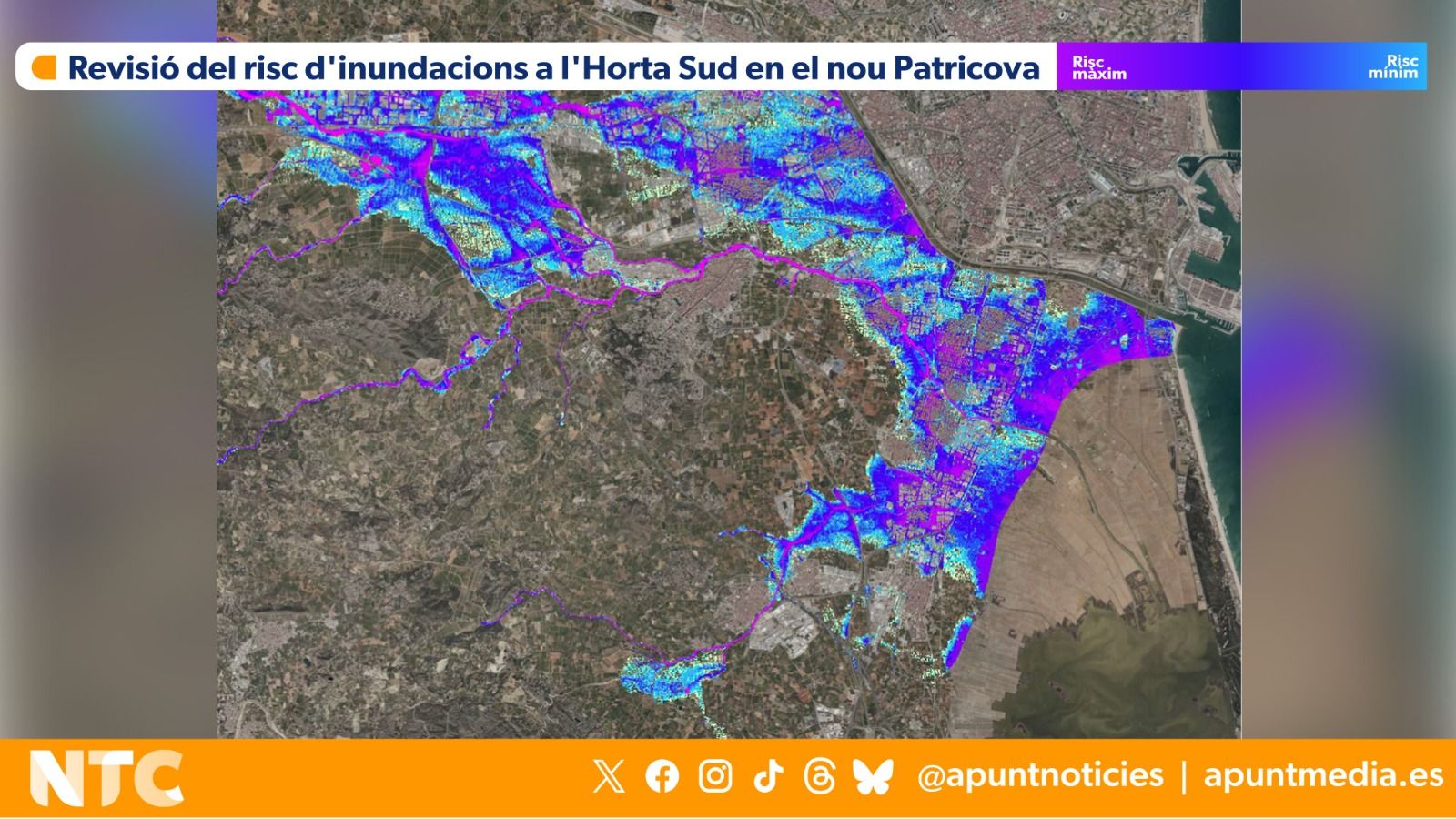 En imatge, les zones en situació de risc d'inundació catàstròfica en l'Horta Sud, en la revisió del Patricova