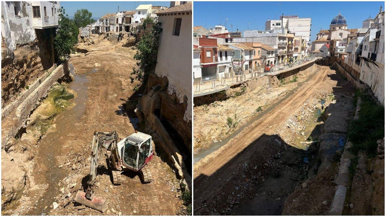 Treballs de reparació al barranc de Xiva, on alguns dels habitatges estan amenaçats d'enderrocament