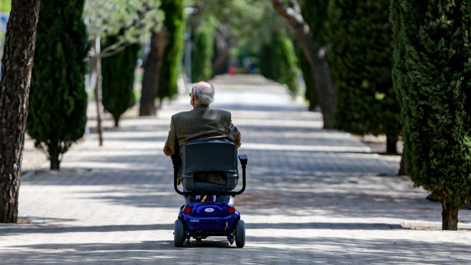 Un home major, en cadira de rodes a un parc