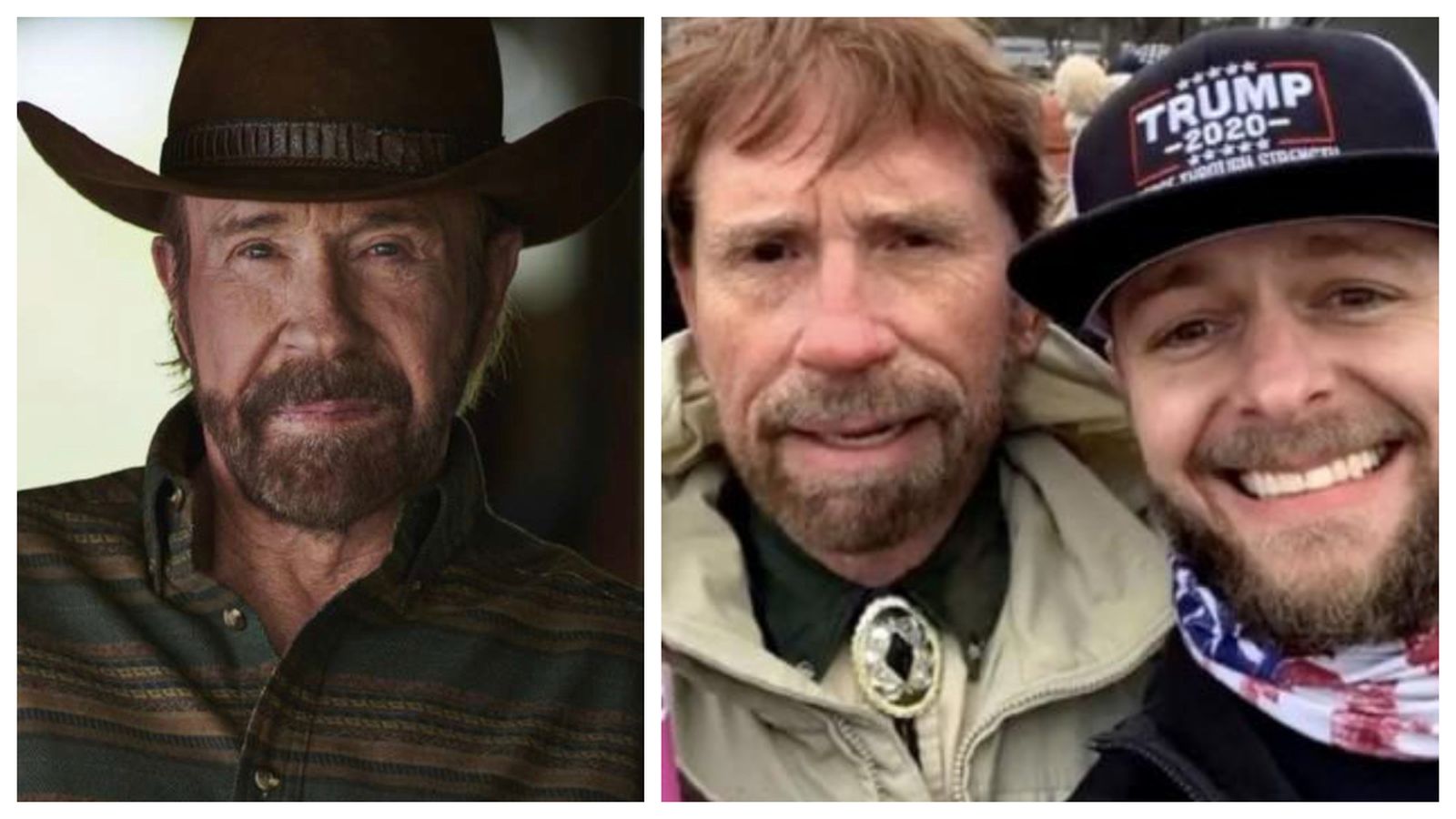 Chuck Norris, a l'esquerra, i la foto que va penjar Matthew Bledsoe qui deia era l'actor
