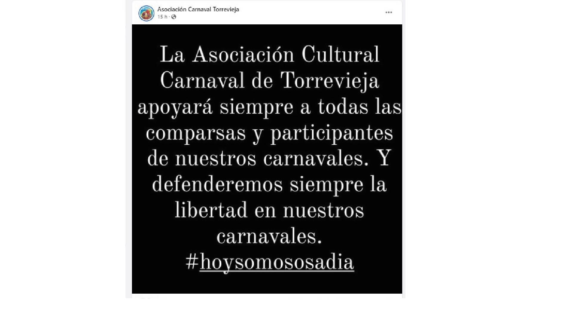 Missatge publicat per l'Associació Cultural Carnestoltes en les seues xarxes socials donant suport a la comparsa en la qual han desfilat les menors Missatge publicat per l'Associació Cultural Carnestoltes en les seues xarxes socials donant suport a la comparsa en la qual han desfilat les menors