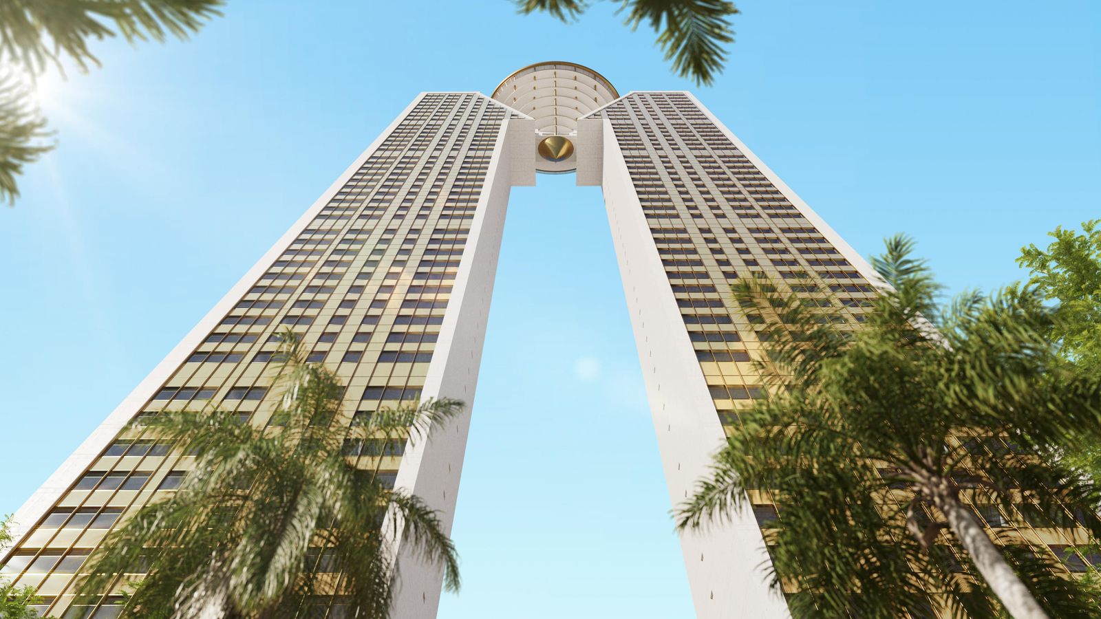 Vista del gegantí edifici de luxe des de baix, on s'aprecia, al centre, l'estructura en forma de diamant