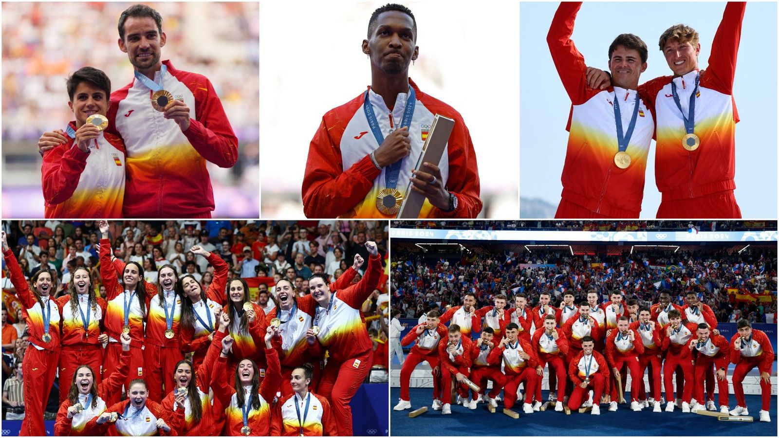 Les medalles d'or espanyoles (d'esquerra a dreta i de dalt a baix): María Pérez i Álvaro Martín, Jordan Díaz, Diego Botín i Florian Trittel, la selecció femenina de waterpolo i la selecció masculina de futbol