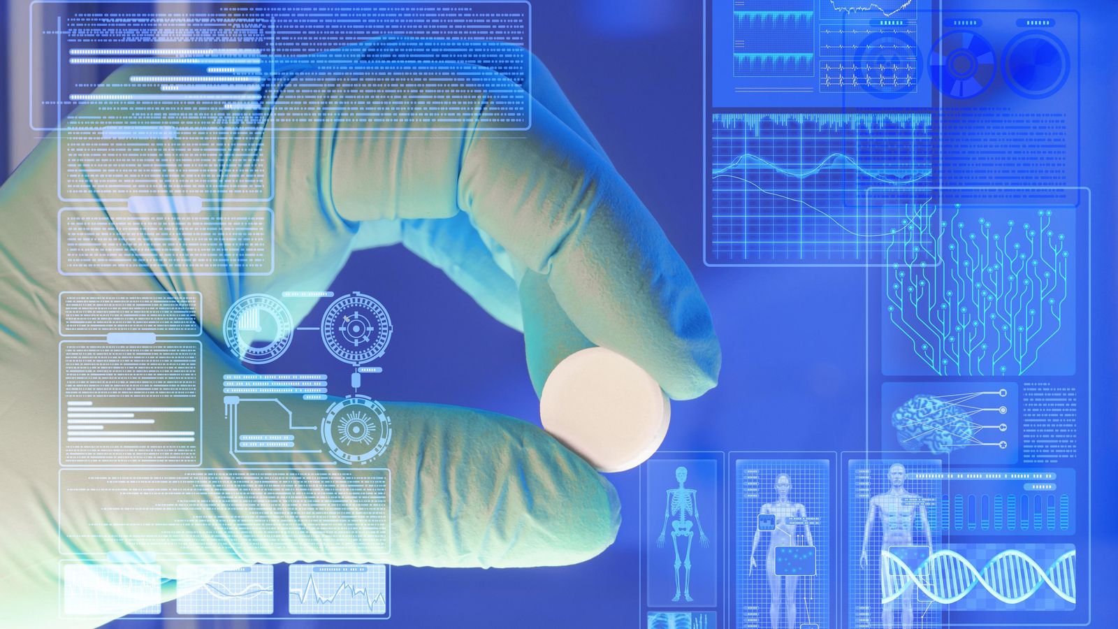 Fotografia d'un fàrmac amb una interfície informàtica sobreimposada