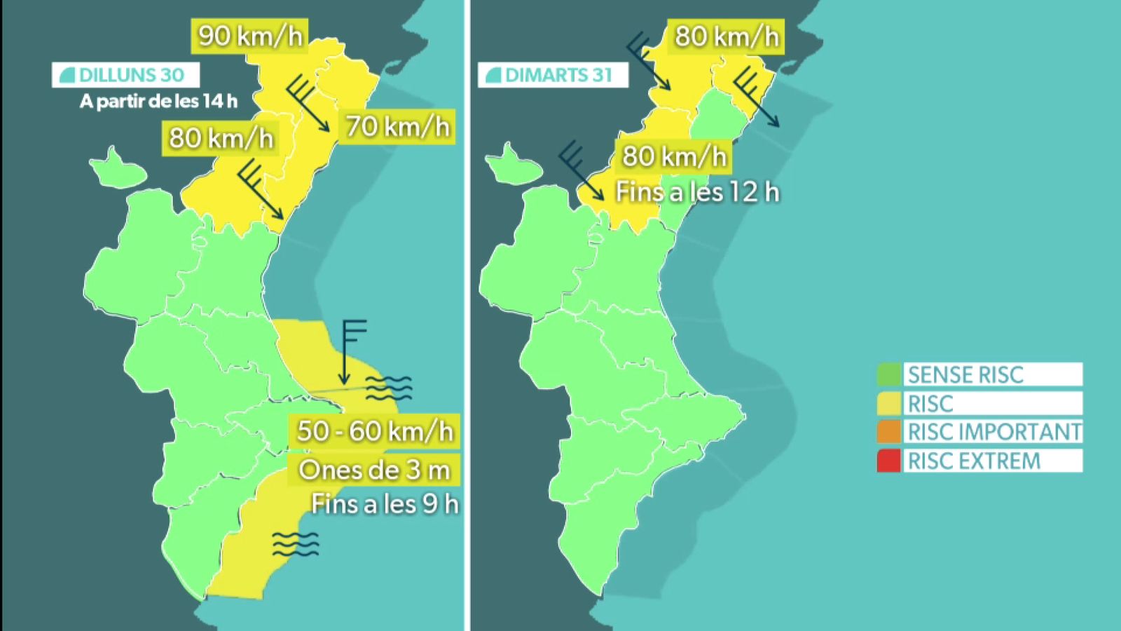 Els avisos per vent dilluns 30 de març