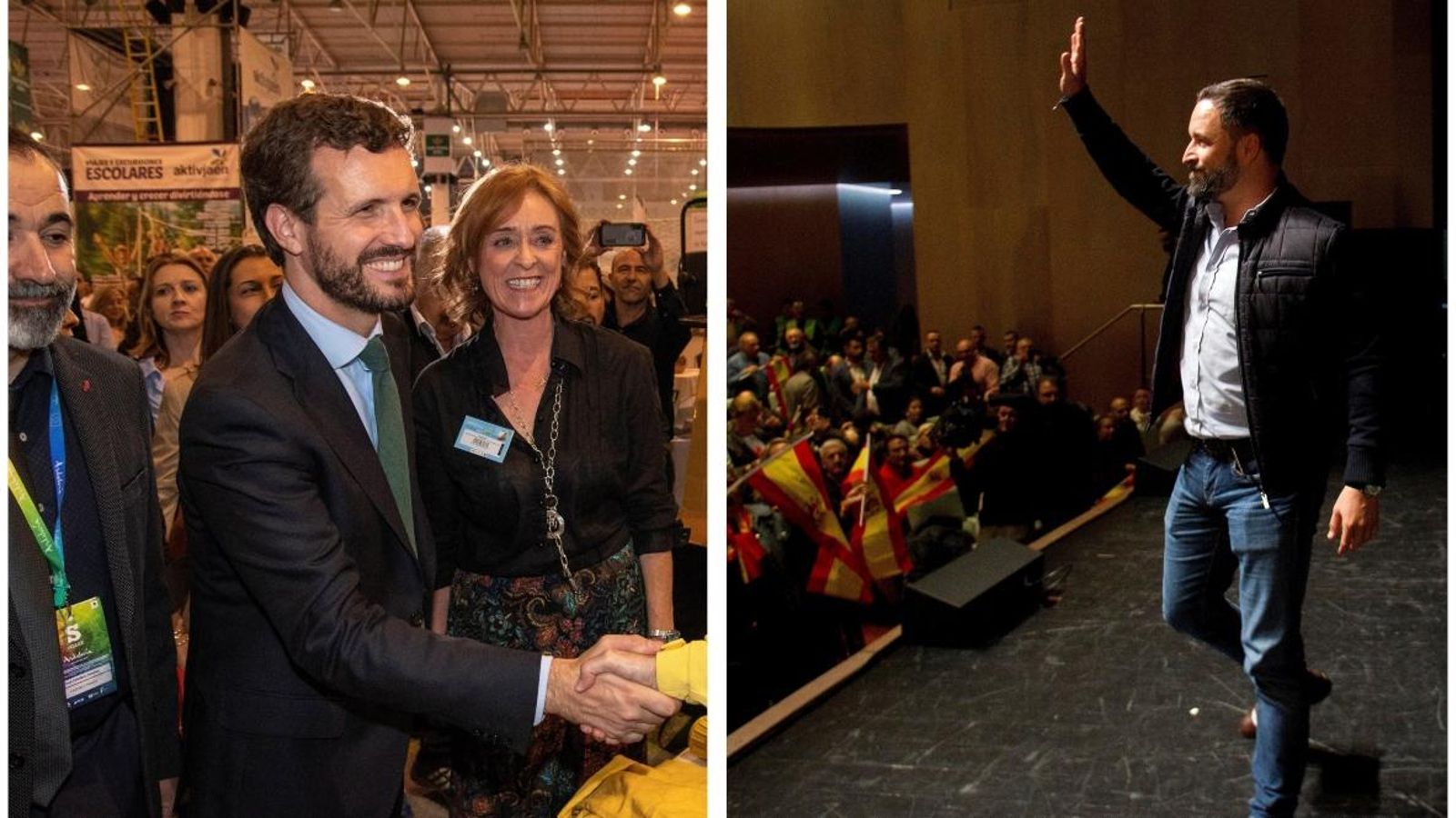 Imatges de Pablo Casado i Santiago Abascal en dos actes de precampanya durant aquesta setmana