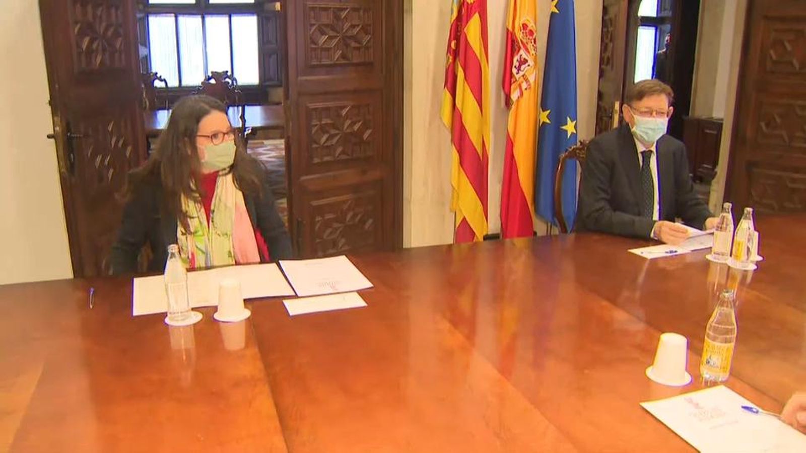 Ximo Puig i Mónica Oltra en la reunió d'aquest dijous amb Global Omnium al palau de la Generalitat