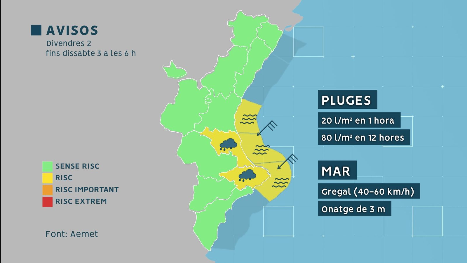 Mapa d'avisos per plutja decretat per l'Aemet