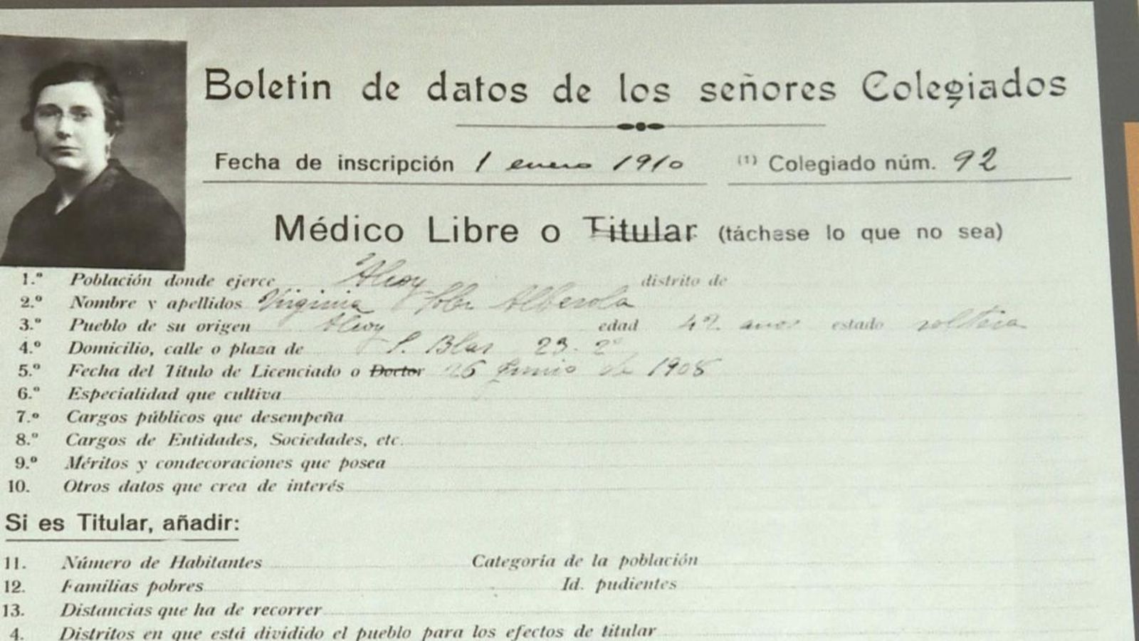Inscripció de Virginia Soler en el Col·legi Oficial de Metges d'Alacant