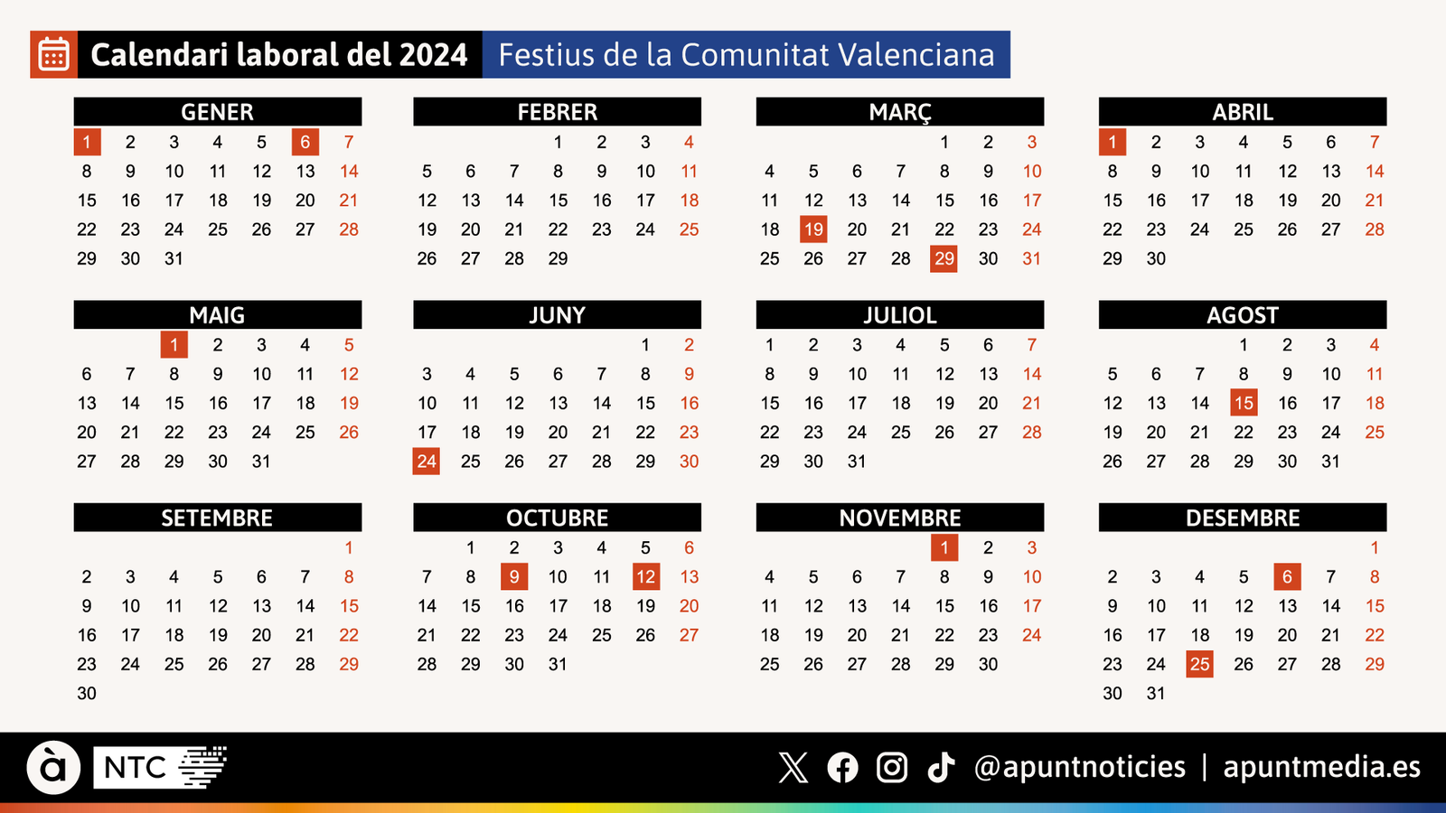Calendari laboral del 2024, festius de la Comunitat Valenciana