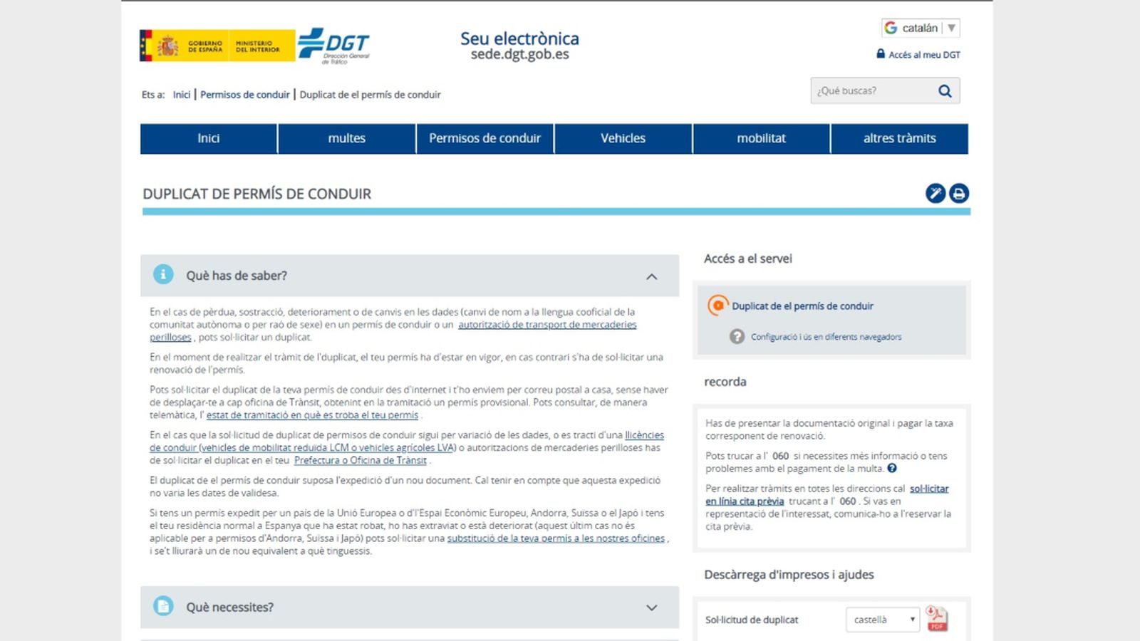 Porta de la DGT on es pot sol·licitar un duplicat del permís de circulació