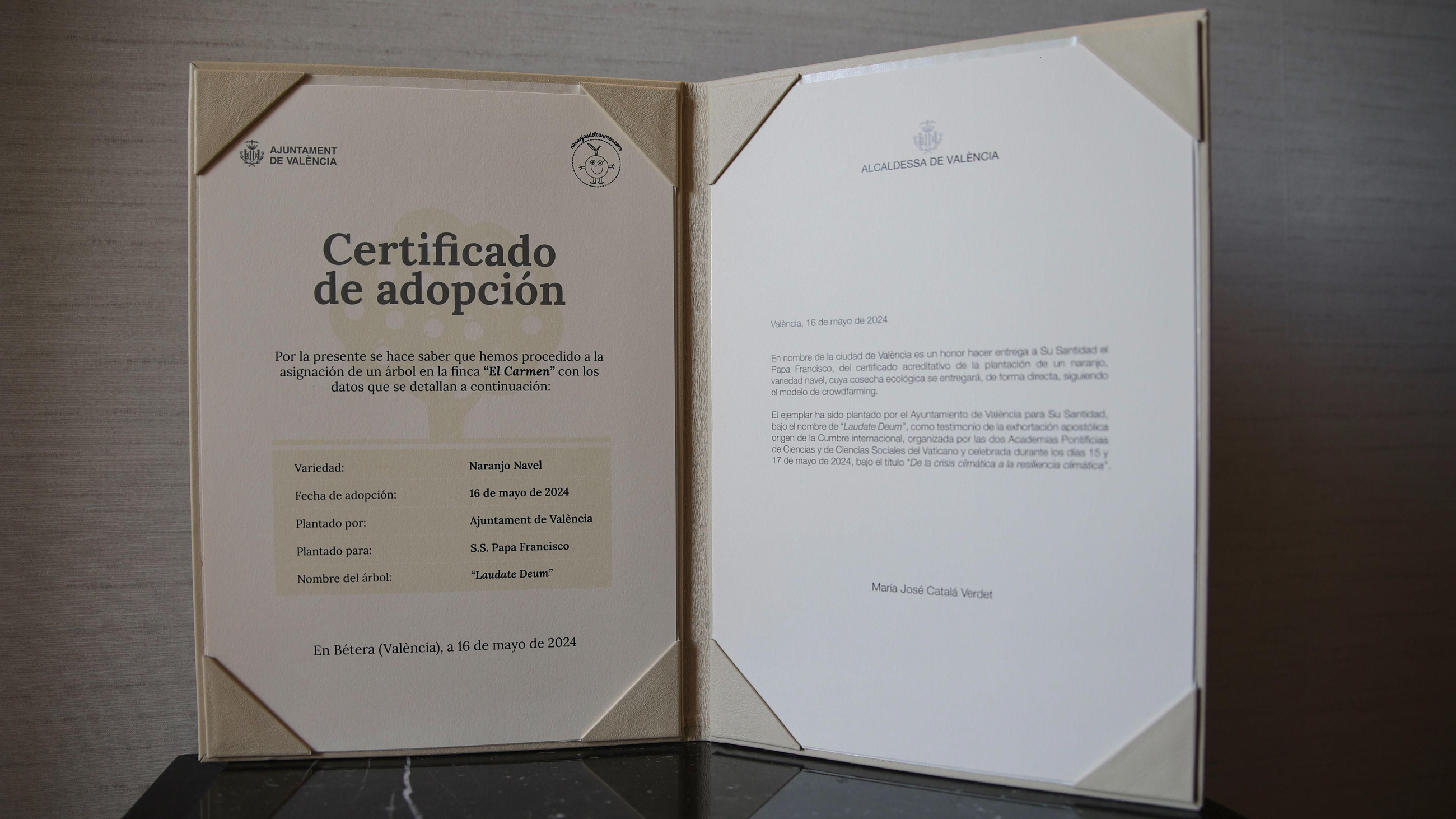 Certificat acredidatiu de l'adopció del taronger que es cultiva a la finca d'El Carmen i que li ha lliurat María José Catalá al papa Certificat acredidatiu de l'adopció del taronger que es cultiva a la finca d'El Carmen i que li ha lliurat María José Catalá al papa